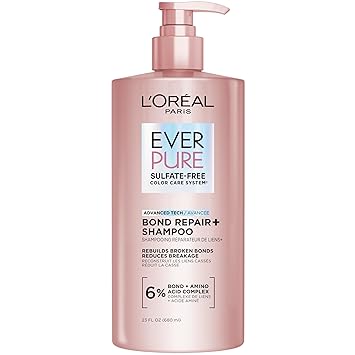 L'Oreal Paris Sulfate Free Bond Repair+ Shampoo, Hair Shampoo with Amino Acid Complex, Strengthens and Repairs Damaged or Color Treated Hair, EverPure, 23 Fl Oz (Packaging May Vary)