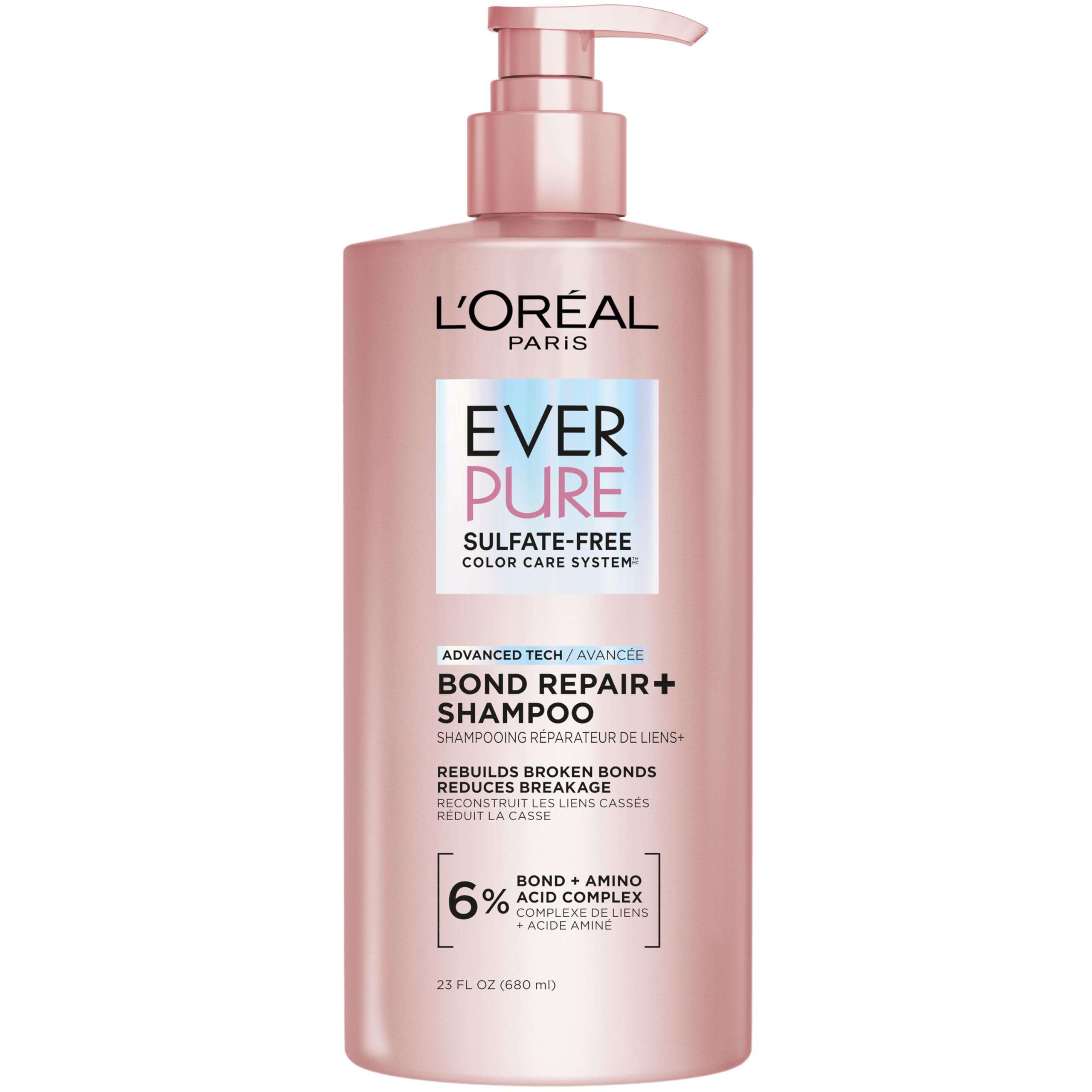 L'OREAL PARIS Bond Repair Sulfate Free Shampoo for Damaged Hair, Strengthening Hair Care with Citric Acid, Repairs Weak Hair Bonds, EverPure, 23 Fl Oz