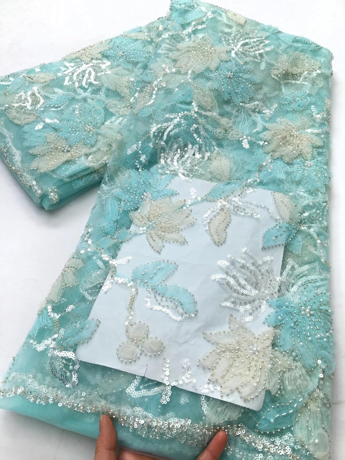 African Lace Fabric 5 Yards, Nigerian Jacquard Embroidery Textile Mesh Lace Fabric with Beads and Sequins for Party Dress Sewing