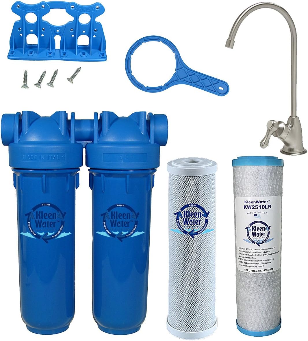 KleenWater KW1000 Undersink Water Filter System, Chlorine Chemical Rust Dirt Sediment Chloramine Lead Filtration, Two Filter Cartridges and Faucet