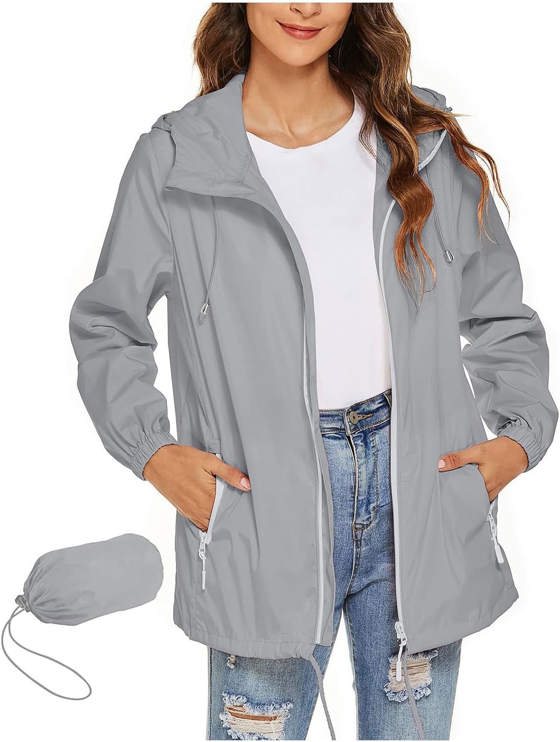 Rain Jacket Women Waterproof Packable Fashion Outdoor Hiking Lightweight Zip Coat Hooded Casual Jacket with Pocket