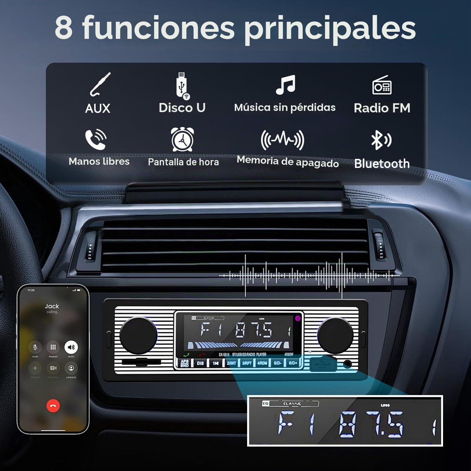 Radio Para Coche, Bluetooth Radio Coche Manos Libres, 2 Perilla Single Din 60wx4 Fm Manos Libres Radio Para Automóvil Oldtimer Mp3 Aux Usb U-disk Audio Con Control Remot