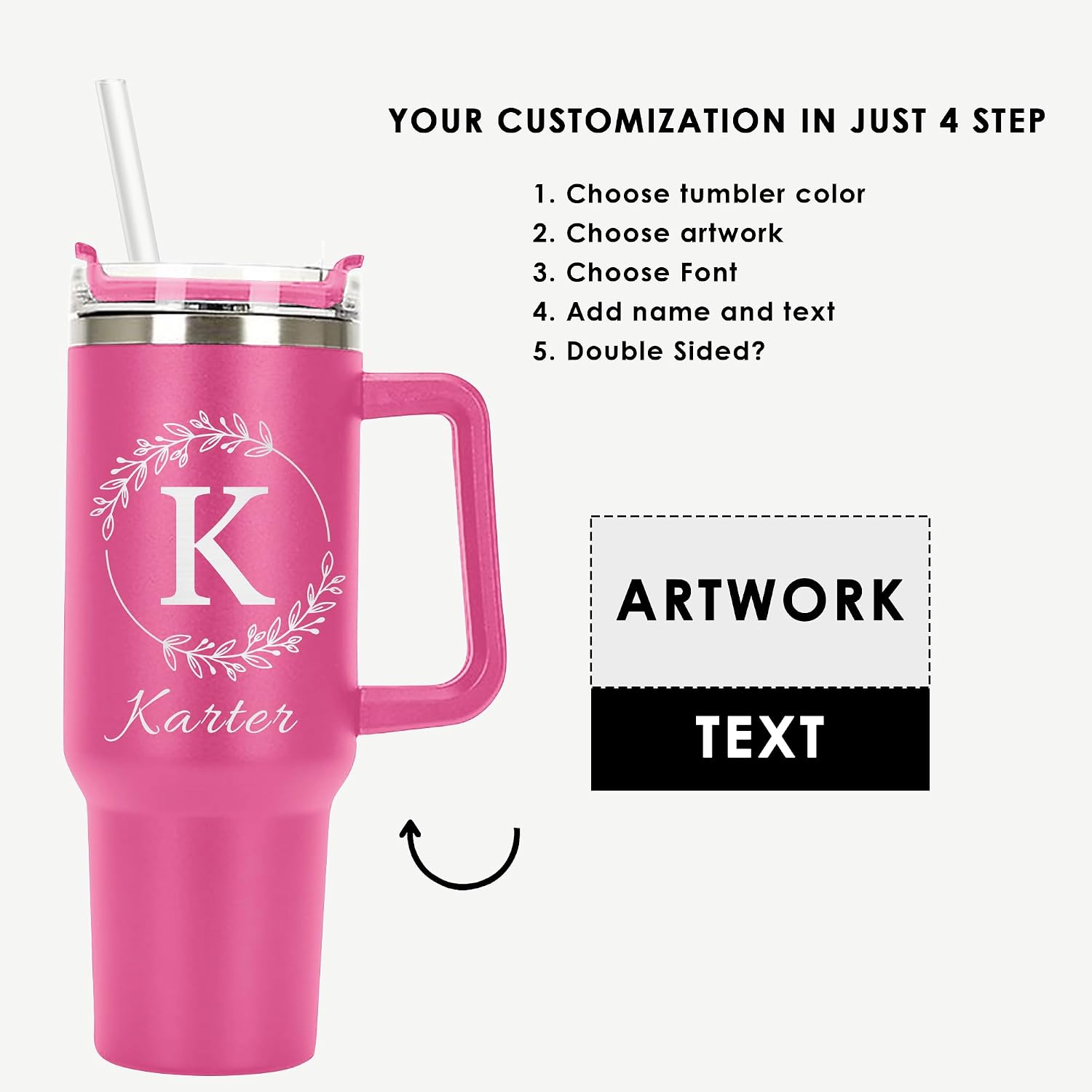 Initial Split Monogram Personalized Tumbler 40 oz Laser Engraved, Insulated Cup with Handle, Lid and Straw, Aesthetic Cup - Personalized, Valentines Day, Birthday Gifts for Women Mom Sister