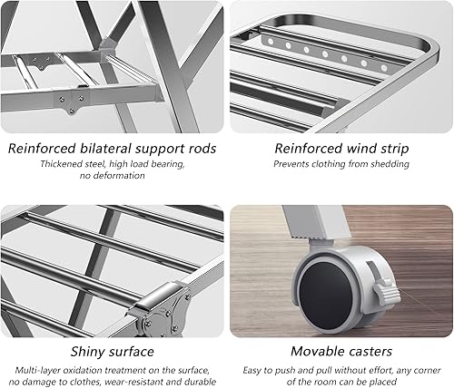 Miniatura 3 de Serchou Con ruedas, estante de ropa móvil para interiores y exteriores, de acero inoxidable, plegable, de suelo a techo, balcón, estante de ropa