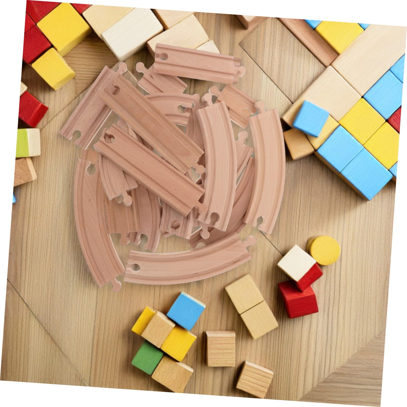 HEMOTON Binari in Legno per Trenini, 20 Pezzi Beige, Curve e Dritte | Compatibili con Modellini Ferroviari, Pezzi di Giunzione Inclusi, Montaggio Creativo per Gioco Quotidiano