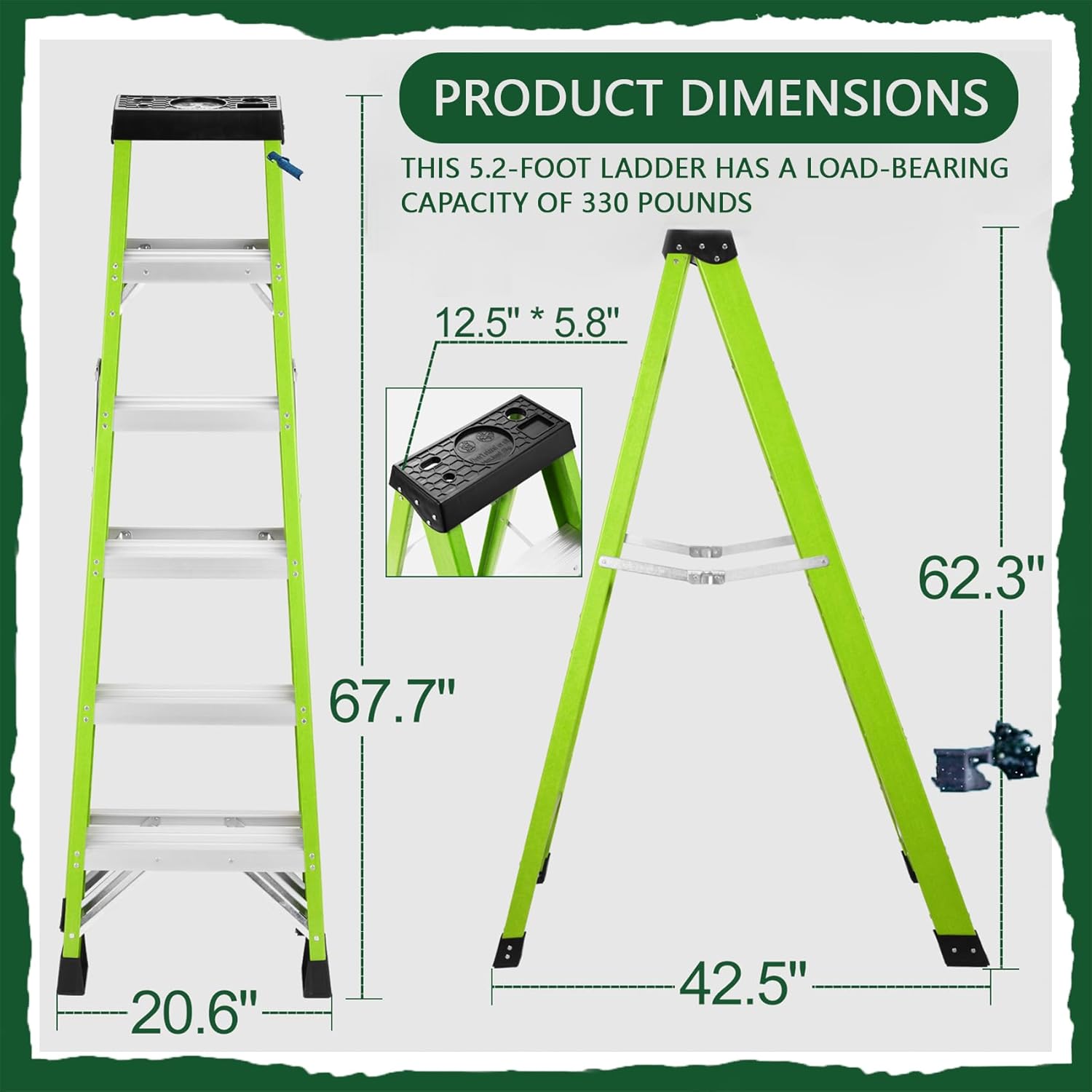 6-FT Fiberglass Step Ladder, 500 lb Capacity Non-Conductive Ladder for Electrical Work, A-Frame Design with Wide Steps and Non-Slip Rubber Feet, Heavy-Duty Professional Grade, Green (5 Steps 6ft)