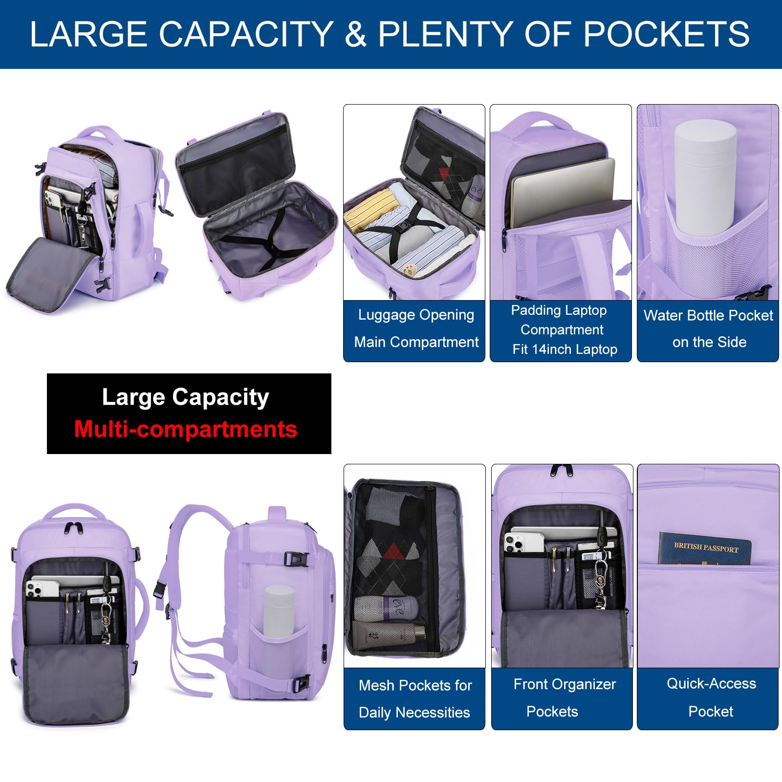 Borse da Cabina per Ryanair 40x20x25 Bagaglio a Mano Zaino Borsa Zaino da Viaggio Zaino da trekking Zaino Wizzair 40x30x20 Zaino Casual per laptop da 14 pollici per scuola,Viola chiaro