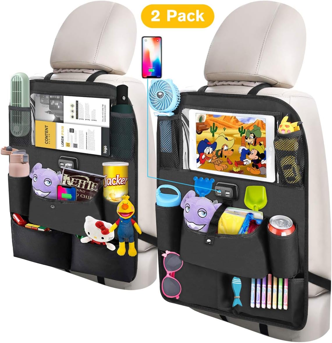 YMD Backseat Car Organizer, Car Seat Organizer with 4 USB Charging Port 11 inches Touch Screen Tablet Holder, Travel Accessories for Kids (2 Pack)