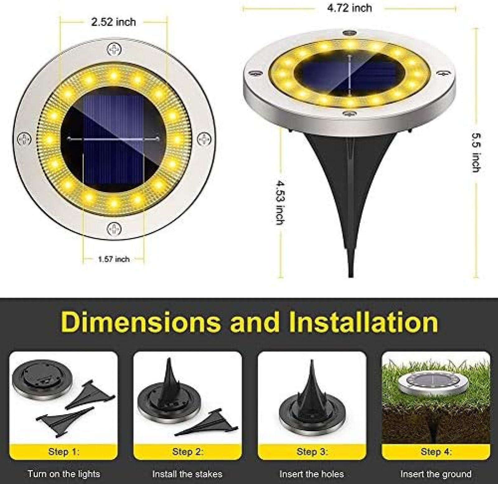 Solarne Oświetlenie Gruntowe - Super Jasne 16 Diod LED Solarne Oświetlenie Ogrodowe Zewnętrzne Wodoodporne Światło Dysku Słonecznego Oświetlenie Krajobrazu Na Trawnik Patio Deck Chodnik Światła Po