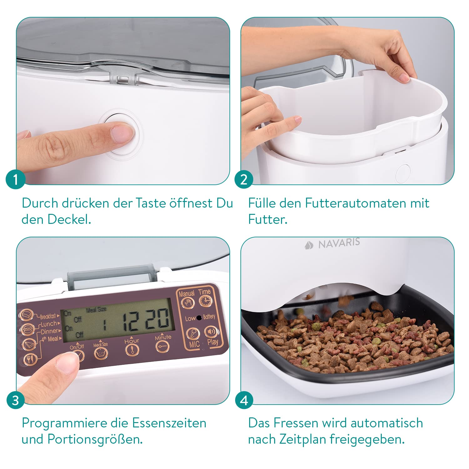 Navaris Automatischer Futterautomat Futterspender mit Timer - 6L Futternapf Automat mit Timer und akustischer Benachrichtigung - für Hund und Katze