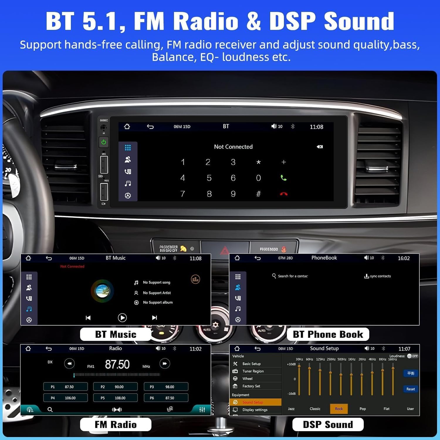 Screenshots of the car stereo interface showing Bluetooth connection, FM radio tuning, and DSP sound settings with EQ adjustments.