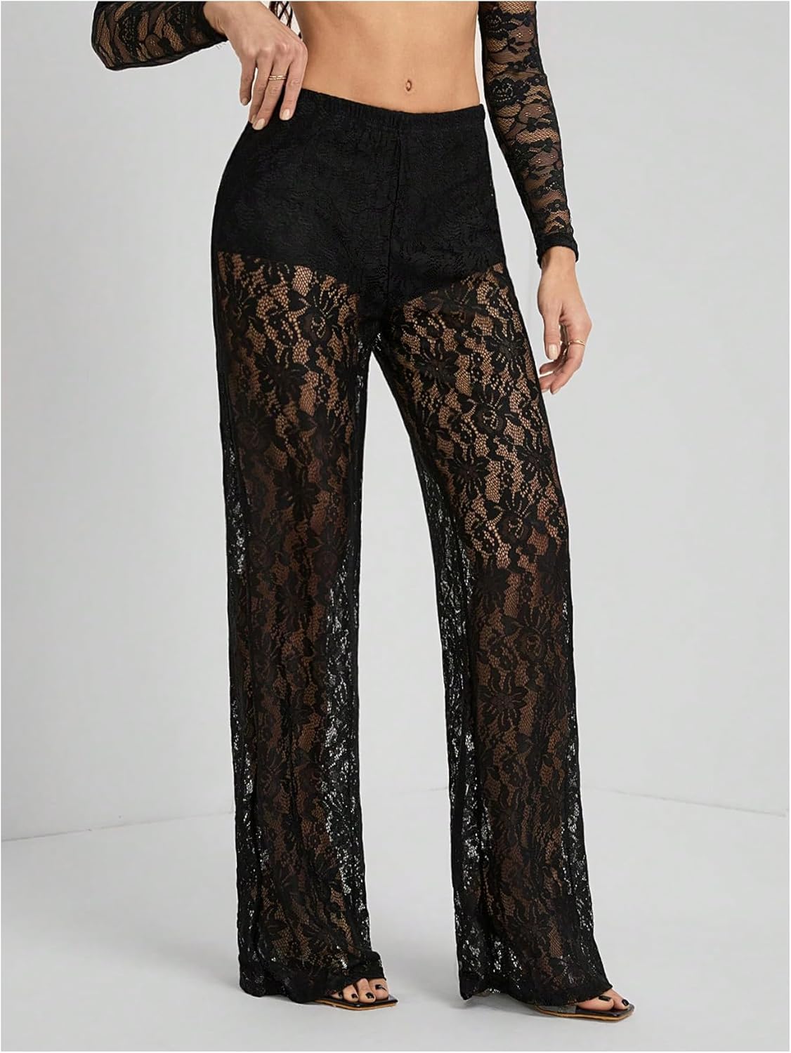 GORGLITTER Women's Lace Pants Sheer Mesh Wide Leg Pants See Through High Waist Going Out Grunge Trousers - Image 5