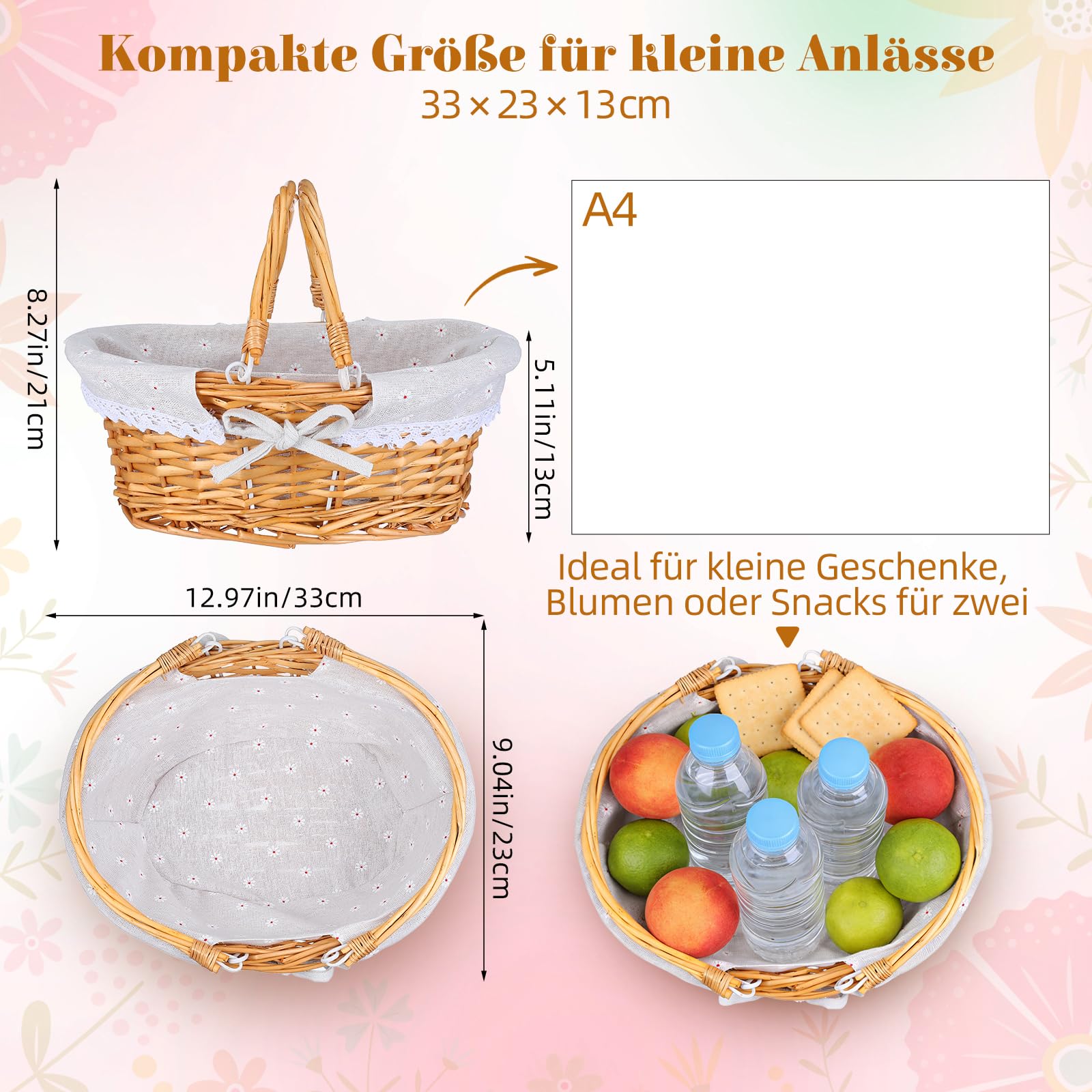 Abaodam Weidenkorb Mit Henkel (33x23cm) - Geflochtener Picknickkorb Aus Weide Geflochtene Aufbewahrungskörbe - Geflochtene Blumenkörbe Zur Aufbewahrung Osterpicknicks Heimdekoration