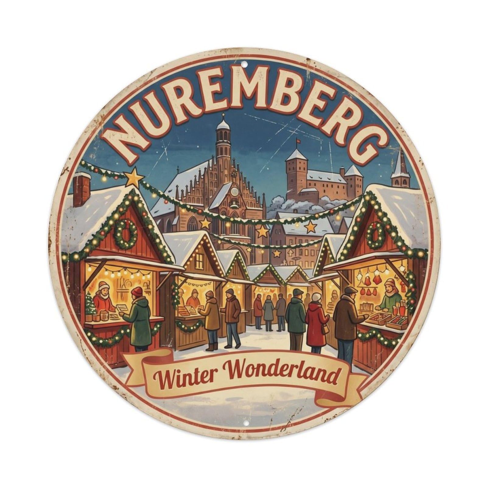 Vintage Travel Nuremberg Christmas Germany Metal Tin Sign Plaque Wall Decor for Cafe, Club Bar, Office, Home Garden Round Metal Poster 8x8Inch