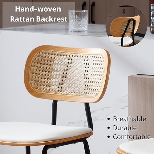 Miniatura 6 de HEAH-YO Juego de 2 taburetes de ratán de 26 pulgadas de altura de mostrador con respaldo de ratán y patas de madera, taburetes de cocina de piel