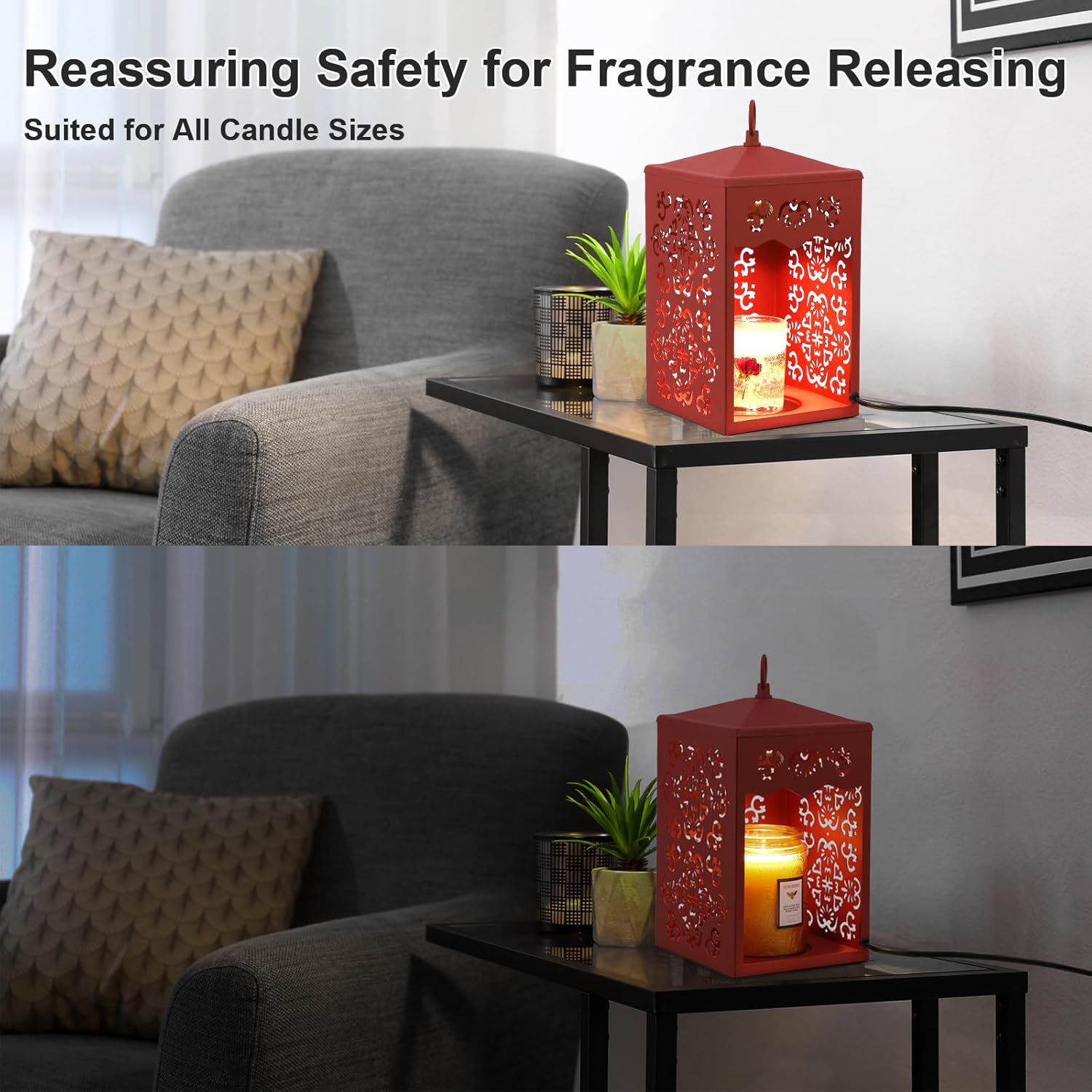 LALISU Candle Warmer Lamp Lantern for Top-Down Candle Melting, Candle Lamp with Timer & Dimmer for Wax Melting, Electric Candle Melter for Home Decor, with 2 Bulbs, Jar Candles (Red)