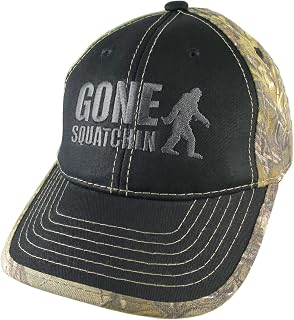 Gone Squatchin Humorous Sasquatch Bigfoot Silhouette Black Embroidery on an Adjustable Black on Camouflage Style Baseball Cap Black on Black