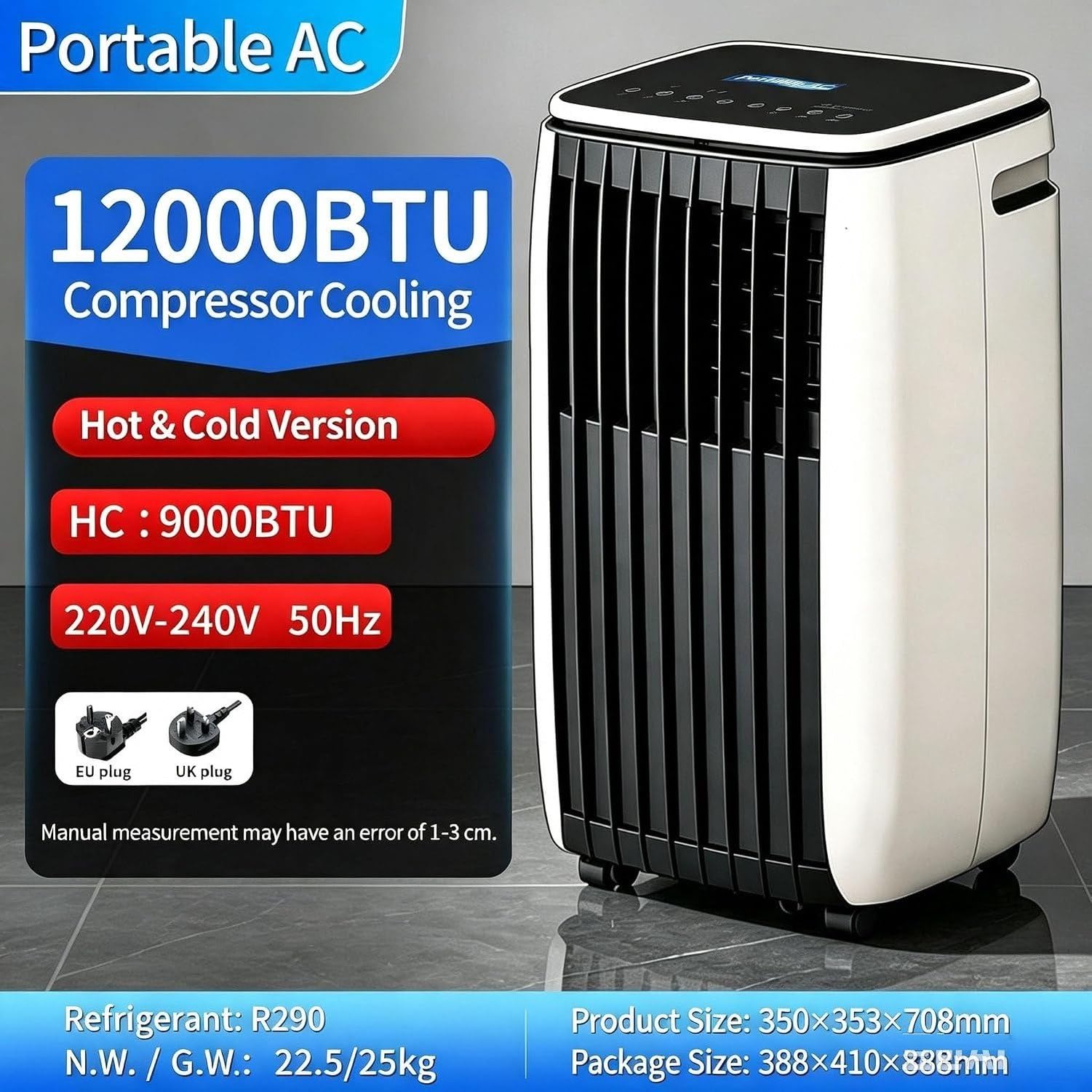 Przenośny Klimatyzator 14000 BTU 2w1 Chłodzenie i Grzanie, Mobilny Wolnostojący Agregat Chłodniczy z Kółkami, Całoroczna Klimatyzacja Przenośna for UK i, C+Hot & Cold 12000 BTU, C+Hot & Cold 12000 BTU