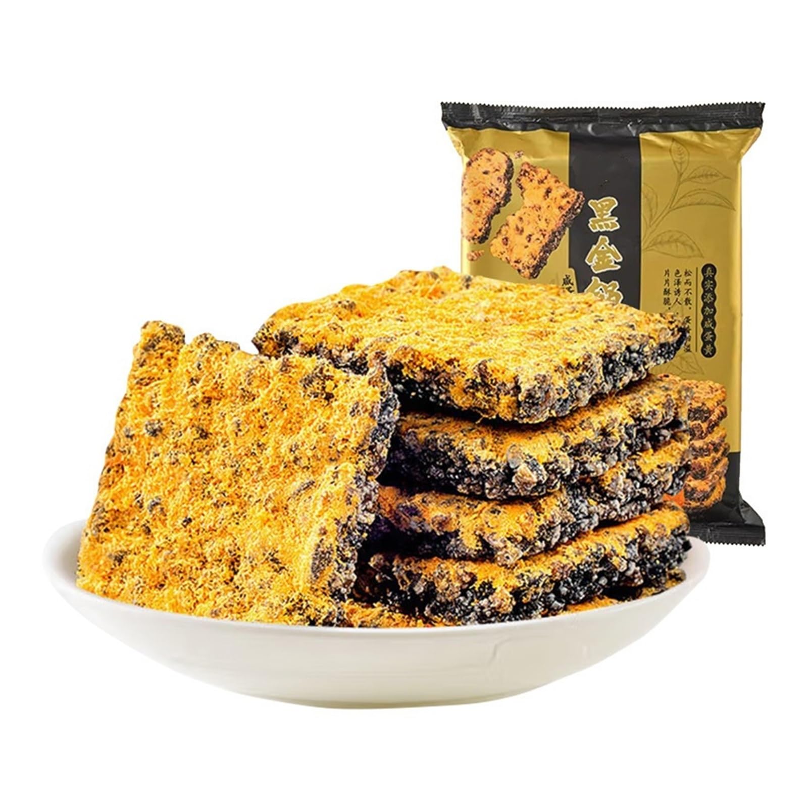 240 g de galletas de arroz Black Gold, un refrigerio único con un rico aroma a yema de huevo y una textura crujiente.(2pcs)