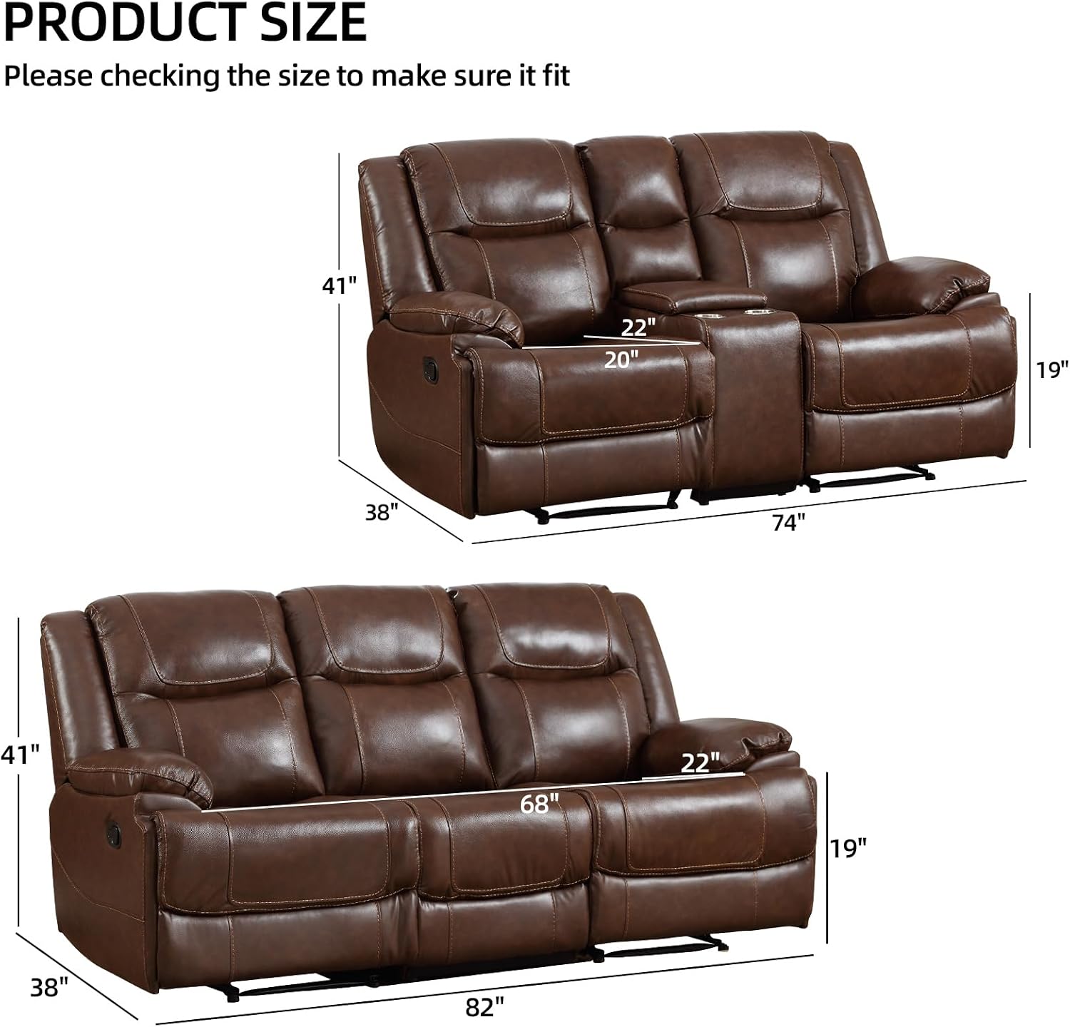 EBELLO Genuine Leather Manual Recliner Sofa Set, Loveseat Reclining Sofa and 3 Seat Recliner Sofa, Couch Furniture Set for Living Room, Meeting Room, Brown(Loveseat+Sofa)