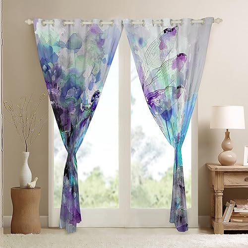 Miniatura 4 de Cortinas de oscurecimiento de libélula (2 paneles, 52 x 84 pulgadas), cortinas abstractas para dormitorio, sala de estar, arte moderno, 30% a 50%
