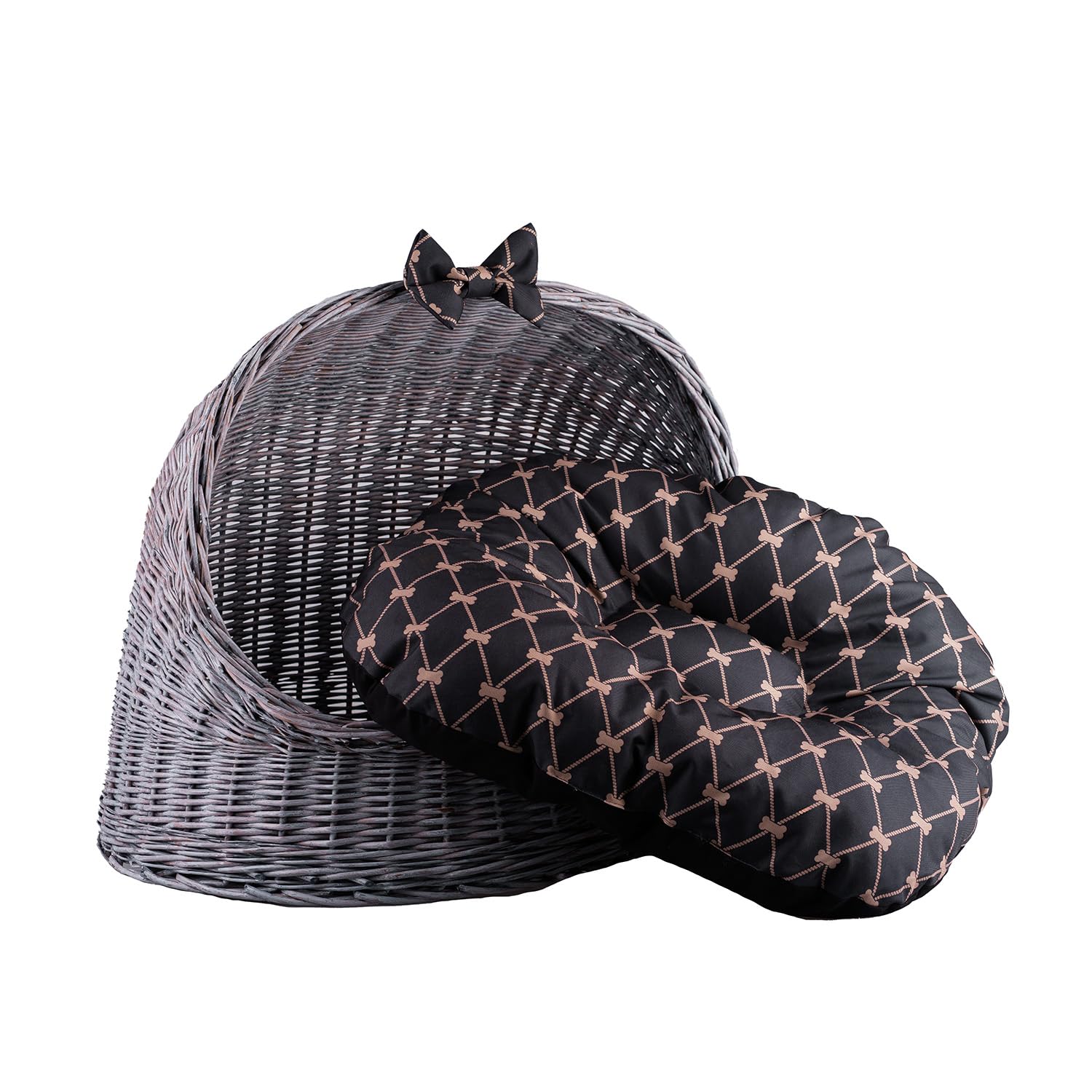 Cuccia per animali in salice, ovale, cuccia per gatti in vimini, cestino per il gatto per il cane, cestino per animali (grigio-nero, 60 x 46 H48)