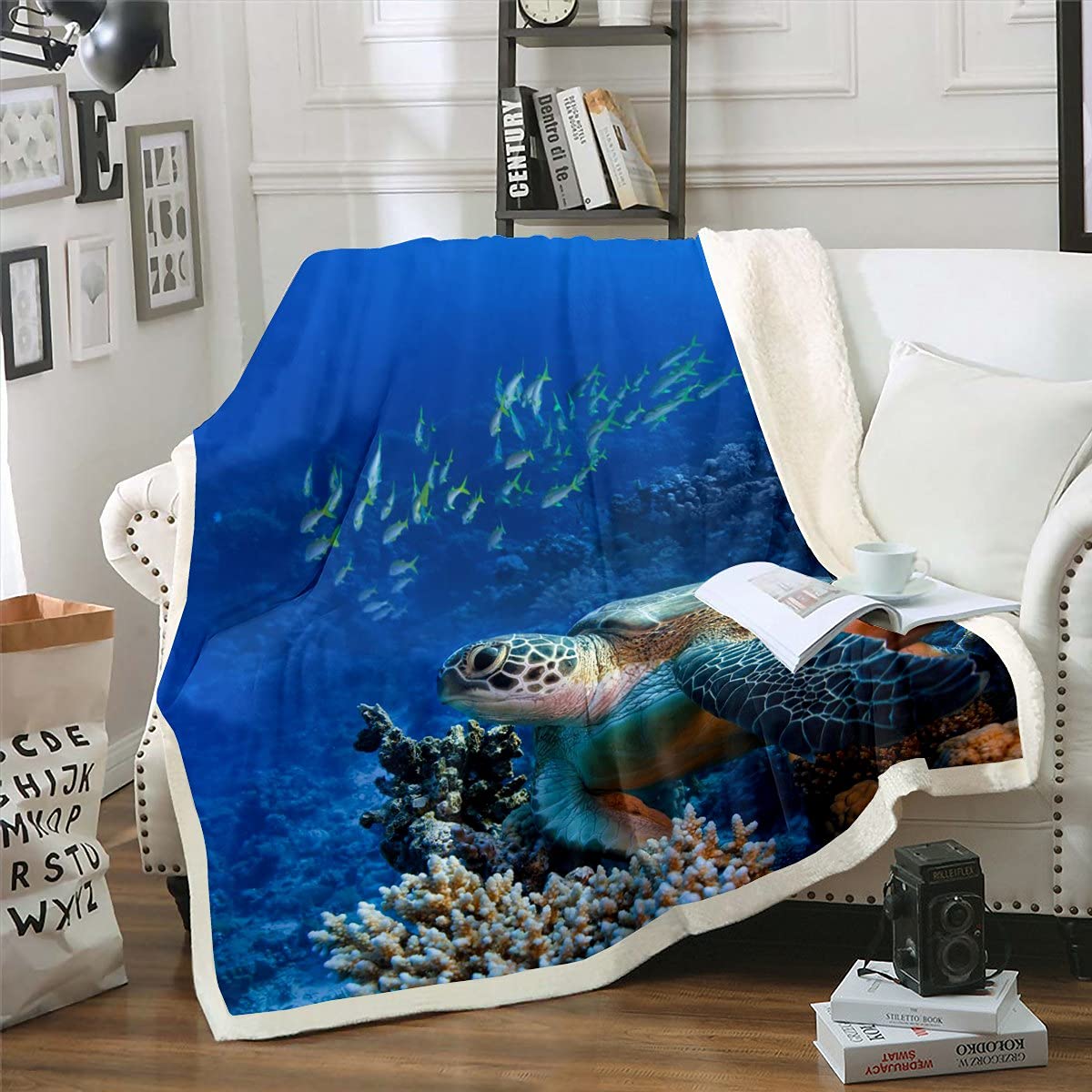 Couverture tortue de mer plaid sherpa 150x200 cm jeté de lit imprimé 3D monde marin