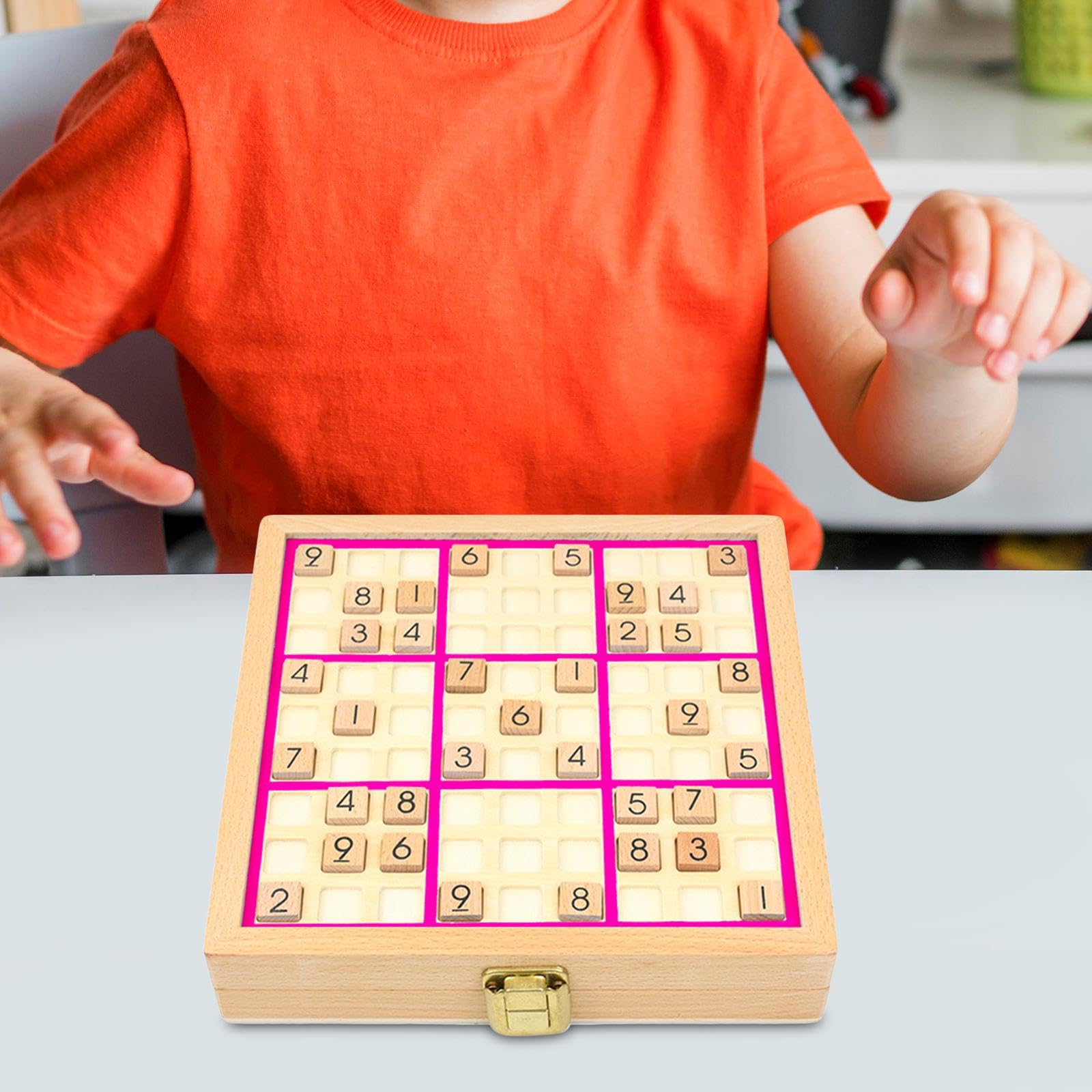 Almencla Sudoku Brettspiel, Holz Sudoku Spielbrett mit Zahlenplättchen, Lernspielzeug, Denksportaufgabe, Spielzeug für Erwachsene Im Alter von 7–14 Jahren, Rosa