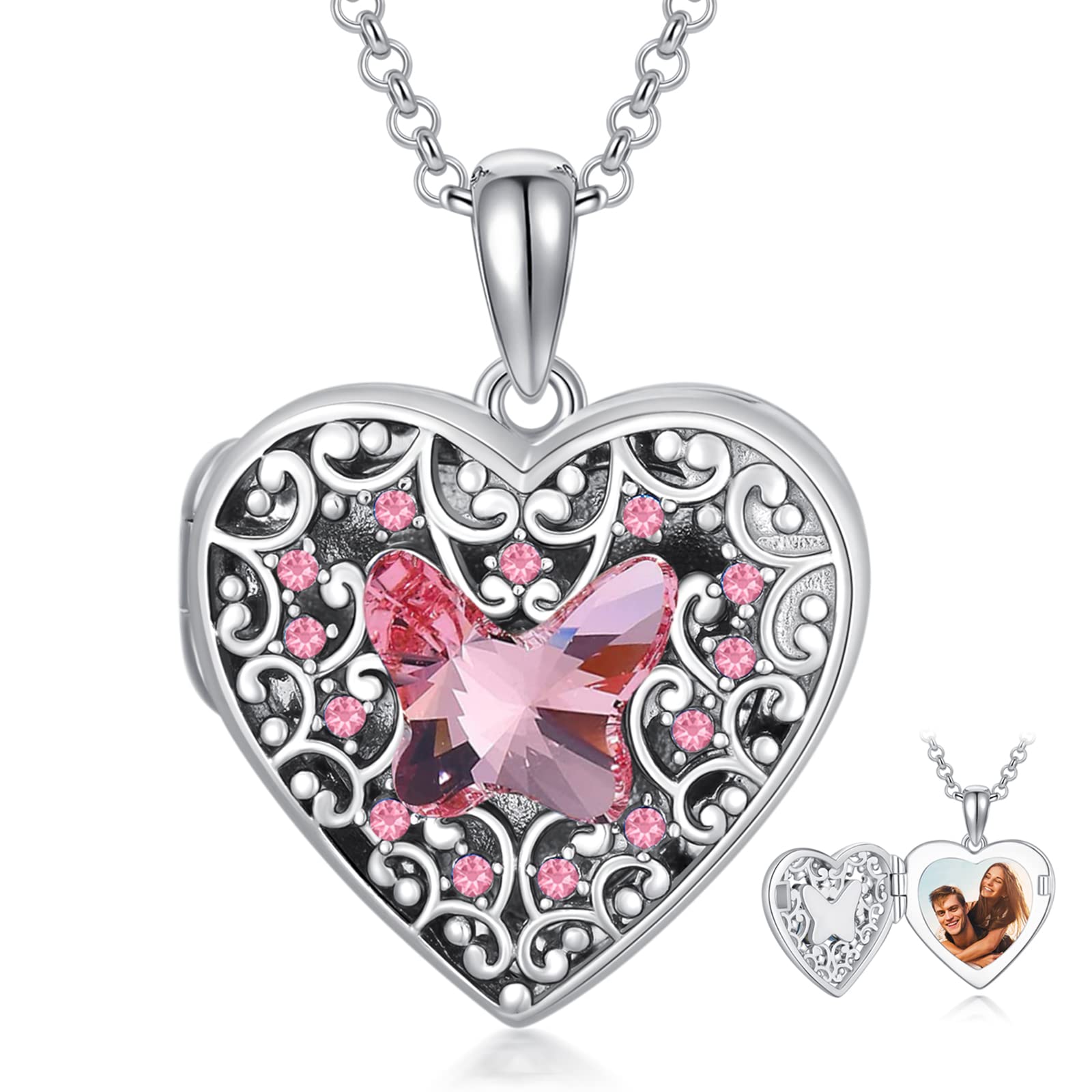 Dorunmo Médaillon en forme de cœur pour 1 photo en argent 925 avec cristal papillon avec chaîne de 45 cm avec emballage cadeau élégant pour femme, petite amie, maman, Saint-Valentin, fête, Noël, Base