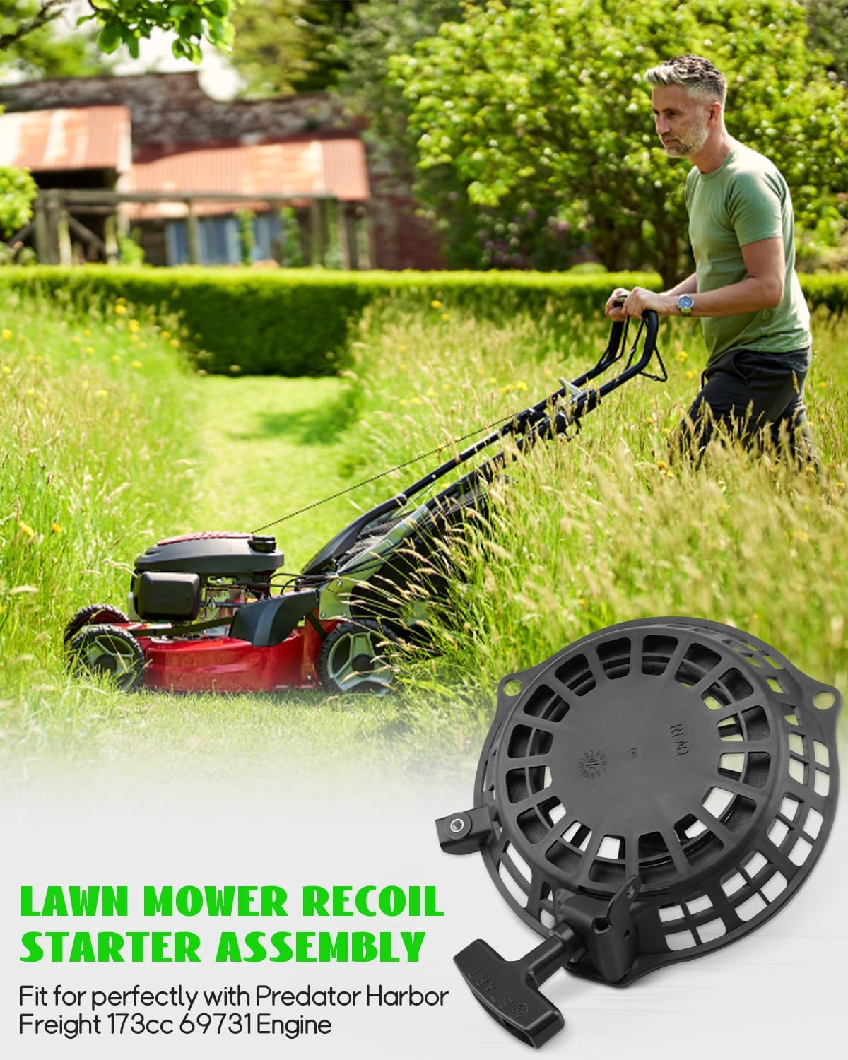 Recoil Starter Fit for Harbor Freight Predator 173cc 69731 Lawn Mower Engine, with Pull Rope Replacement