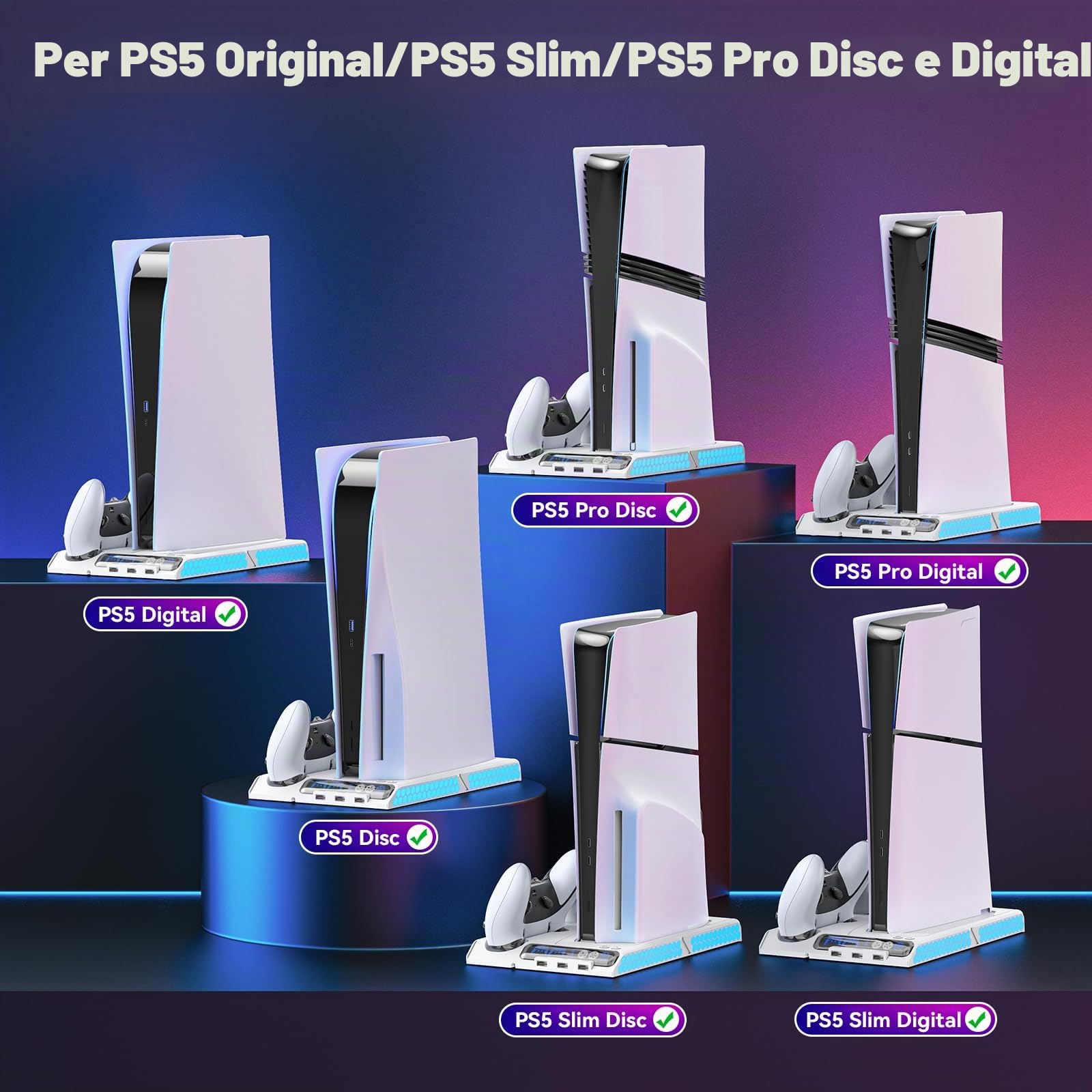 Supporto P5 di Raffreddamento per PS5/PS5 Slim con Regolazione Automatica, Supporto P5 Slim con Ventola di Raffreddamento a 4 Stadi, Accessori PS5 per Controller Originali/Edge