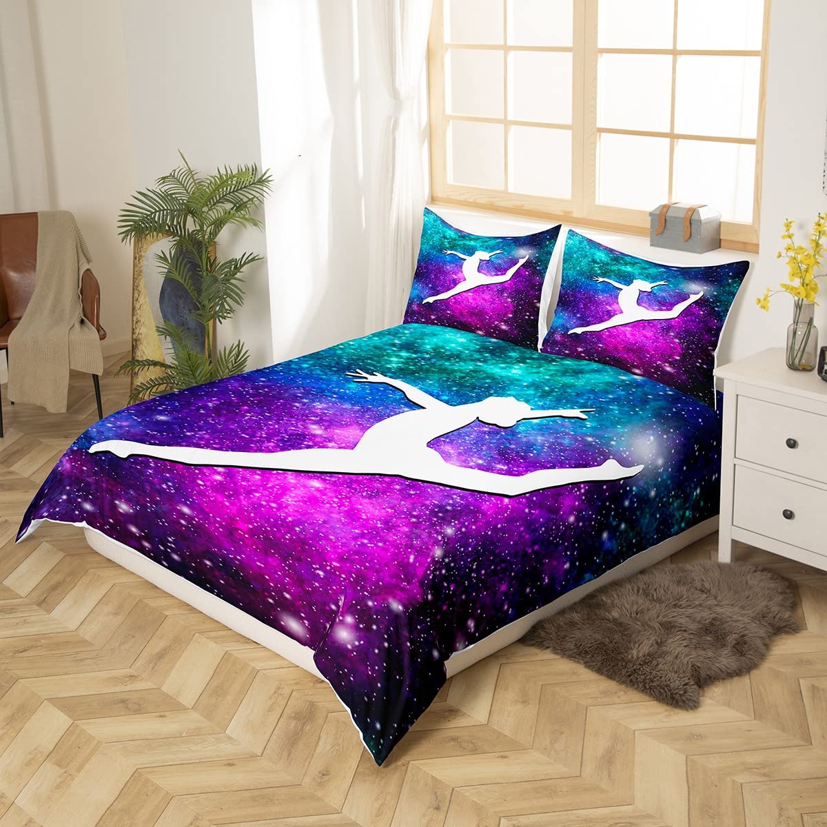 Homemissing Set copripiumino da ginnastica con glitter, per bambini, ragazzi, ragazze, spazio esterno, con motivo galassia e copriletto, in microfibra, colore: blu e viola