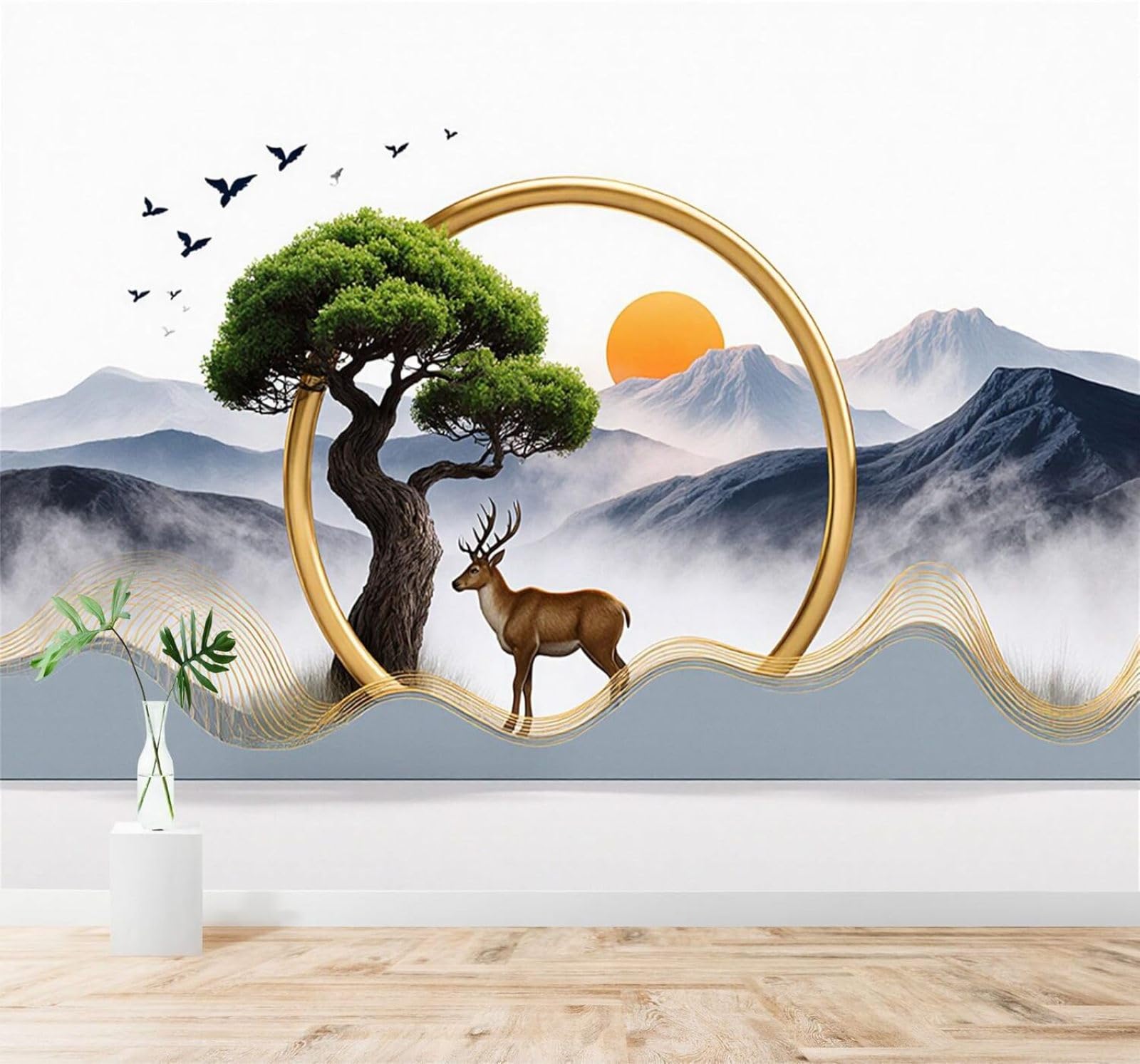 Xlming 400Cm×280Cm(B×H) Deer Trees Mountains Golden Sunlight Misty Landscape 3D Wallpaper Silky Texture Home Study Office Grey Dining Room Sofa Bedroom Living Room Tv Backdrop-400Cm×280Cm