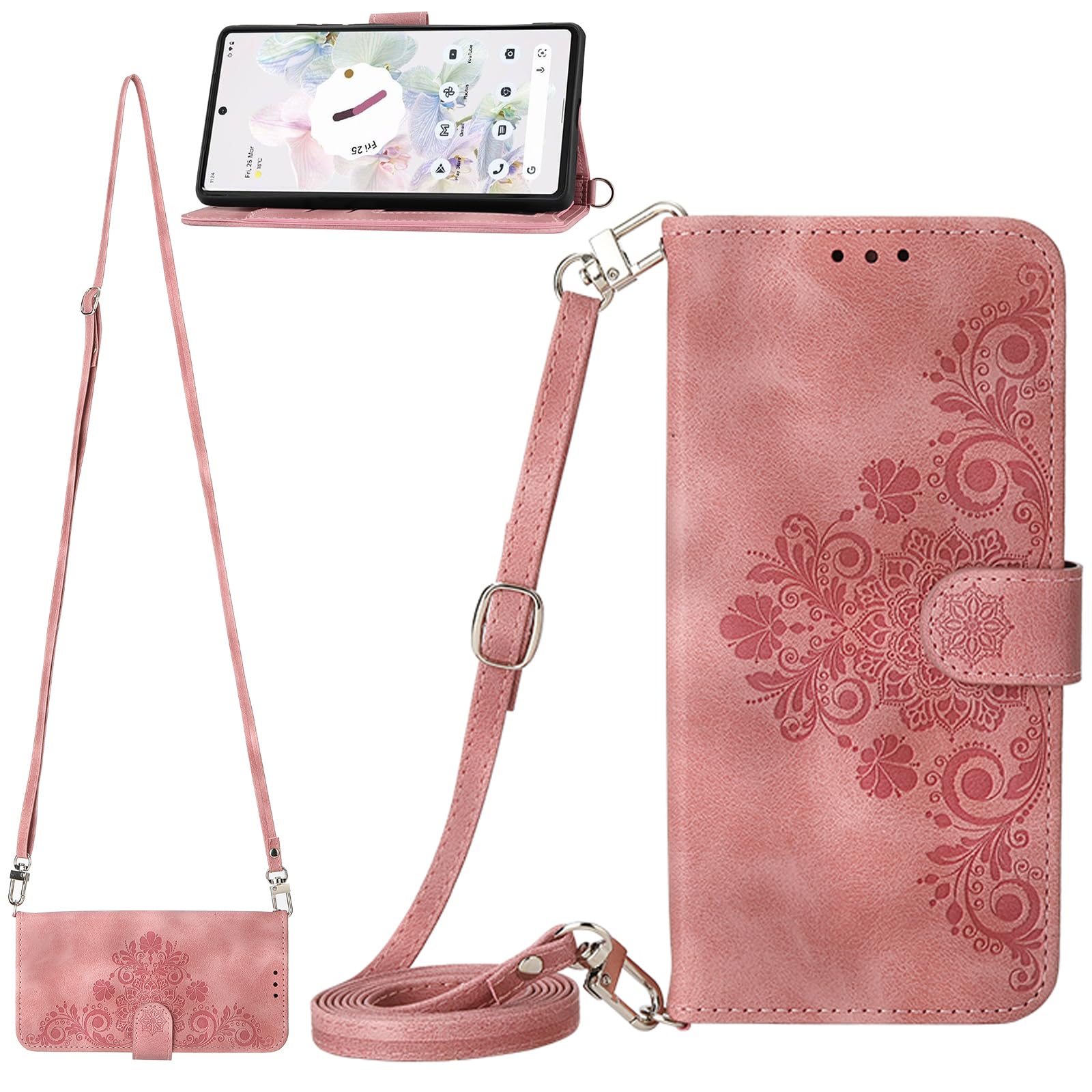 BAILI Wallet Case for Honor X40 GT Cover, 5 Card Slots, Wrist Strap Relief Embossed flowers Magnetic Closure Folio Cases for Honor X40 GT-09
