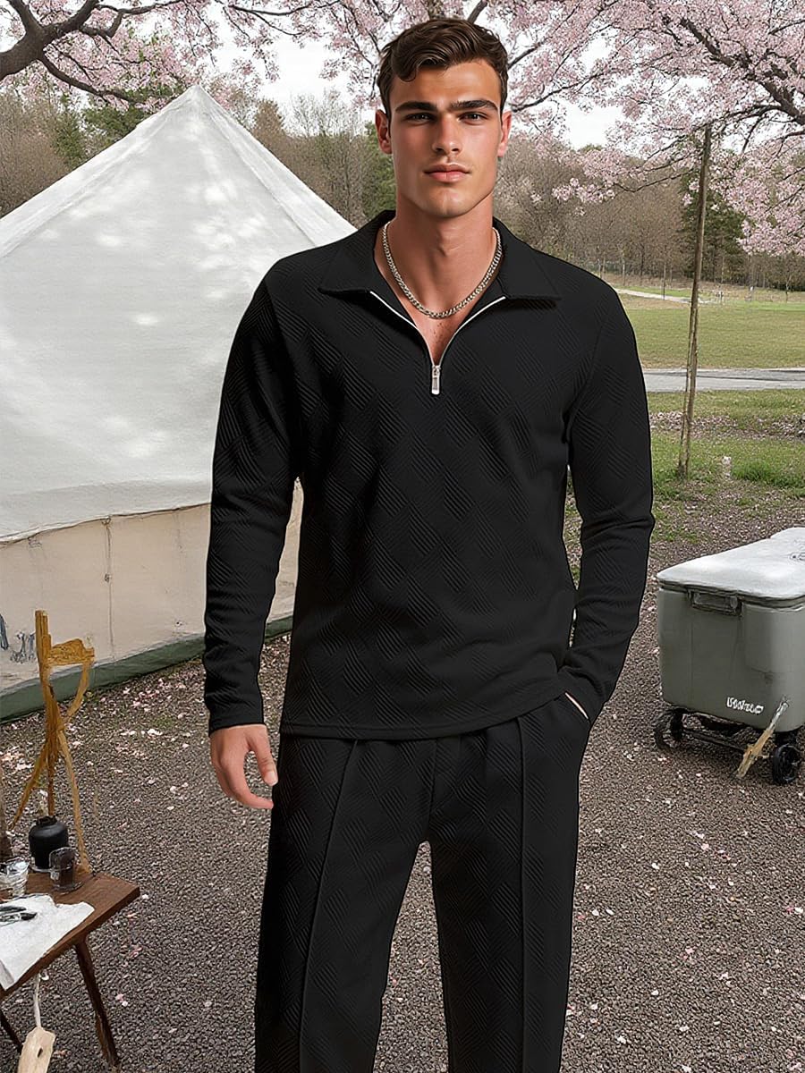 Men's Modern 2-Piece Tracksuit Set,Long Sleeve Polo Shirt & Jogger Pants, Casual Loungewear Sweatsuit Men