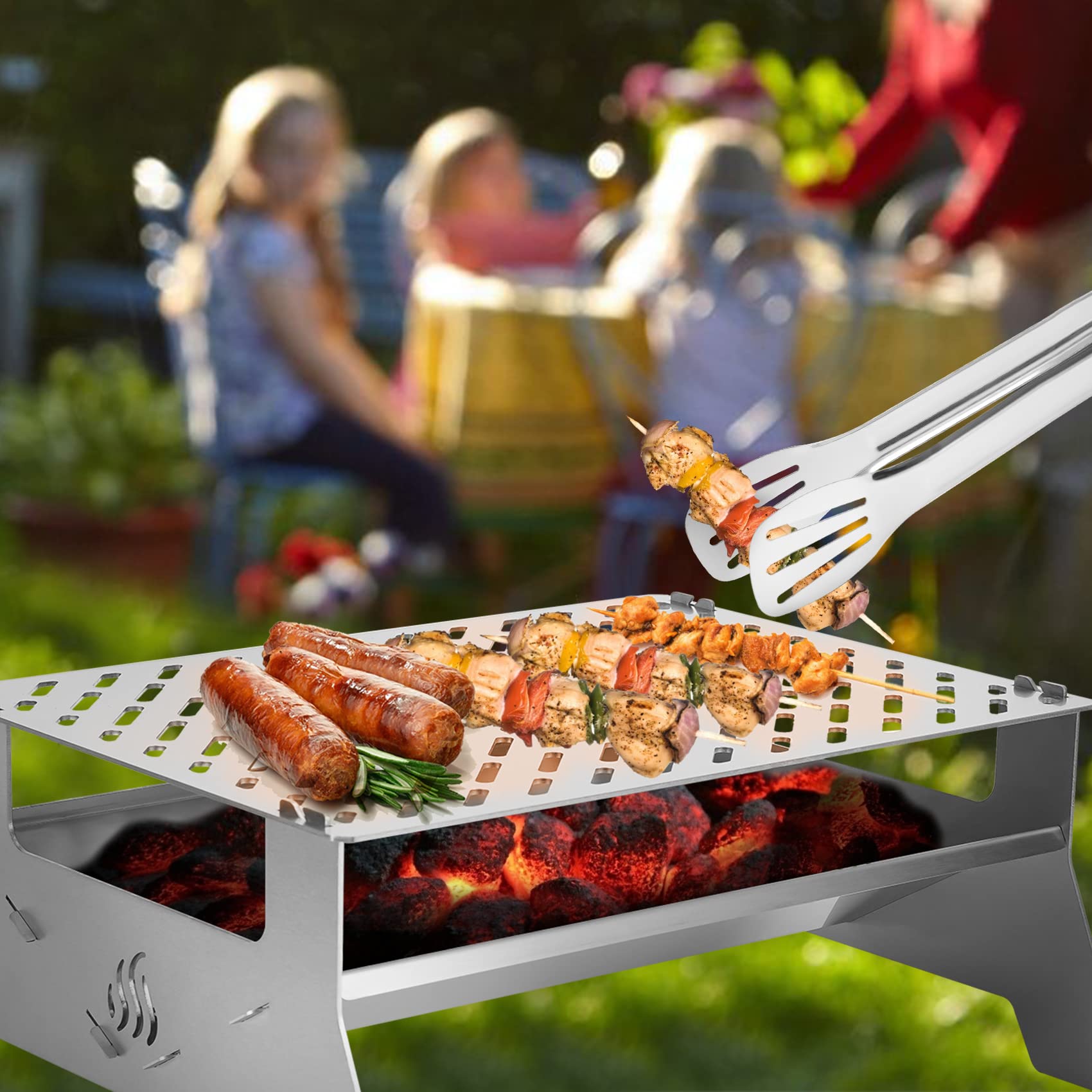 Onlyfire Grill stołowy, mobilny grill na węgiel drzewny, system rusztu ze stali nierdzewnej, z torbą do przenoszenia i szczypcami, do ogrodu, na kemping, imprezę, plażę