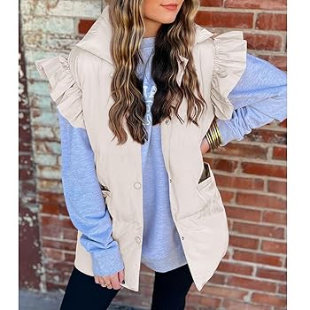 Womens Ruffle Sleeve Quilted Puffer Vest Button Down Puffy