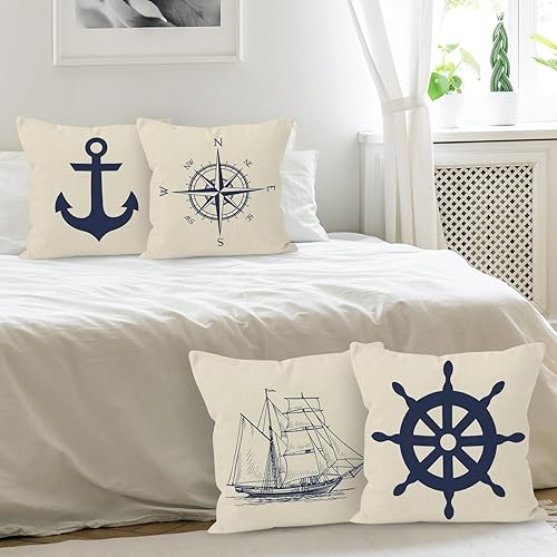 Miniatura 3 de HUYAW Juego de 4 fundas de almohada de brújula de ancla de barco náutico azul marino, regalos náuticos, fundas de almohada de barco de 18 x 18
