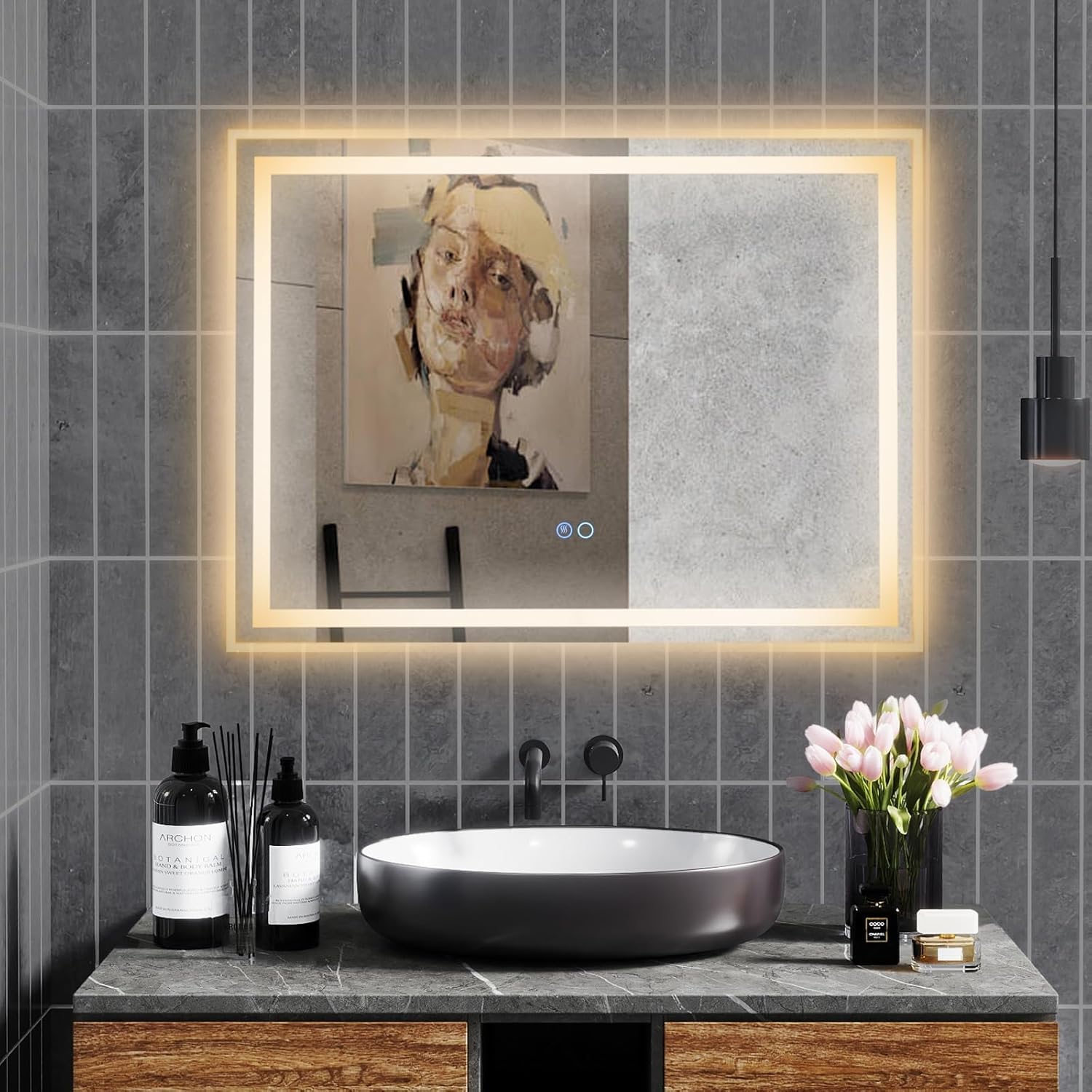 Espejo Baño 80x60 cm con Luz LED de 3 Colores, Brillo Ajustable, Espejo LED Antivaho con Botón Táctil y Función de Memoria, 2 Maneras de Instalar, Espelho para Baño y Vestidor, Rectangular