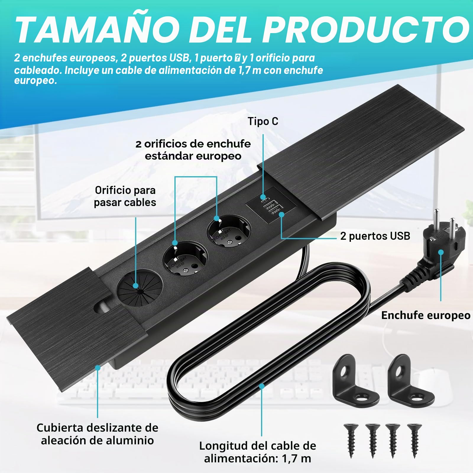 Regleta de enchufes empotrable, 2 enchufes con USB C y tapa deslizante, enchufe de mesa, enchufe empotrado, para escritorio, cocina, oficina, mesa de sofá, mesa de conferencias, color negro