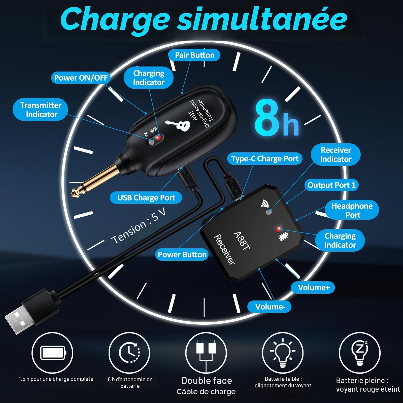 Système sans fil intra-auriculaire 2.4GHz Système IEM sans fil avec émetteur, récepteur à clip auto-appairage pour le monitoring intra-auriculaire pour studio, guitare, DJ, performance live