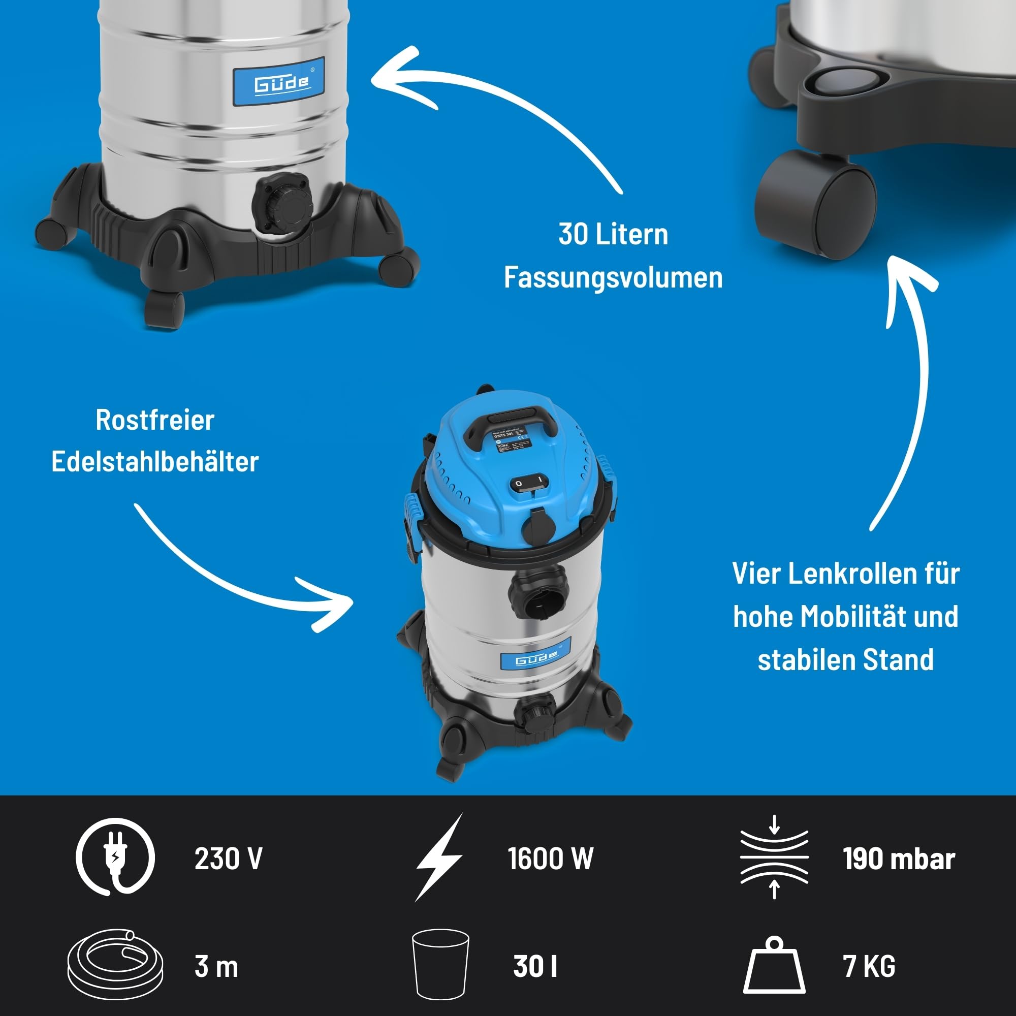 Güde 17002 GNTS Aspirateur NAS 30 L Bleu, Argent
