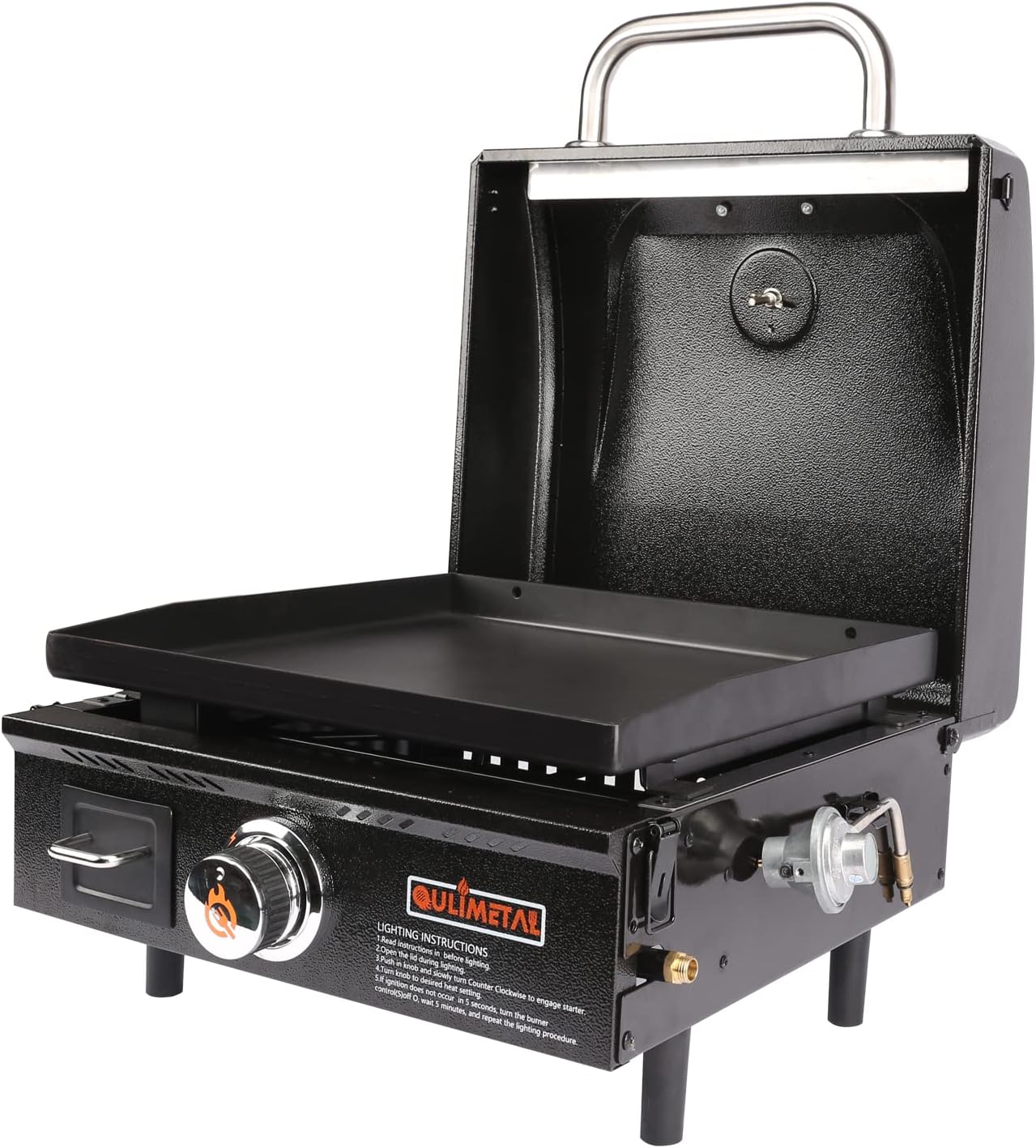 QuliMetal Table Top Grill Portable Griddle with Hood Non-Stick Flat Top Grill Griddle Propane Grill with Carry Bag 17 Inch,15,000 BTU,268 Sq,304 Stainless Steel Burner,for Outdoor Camping Tailgating