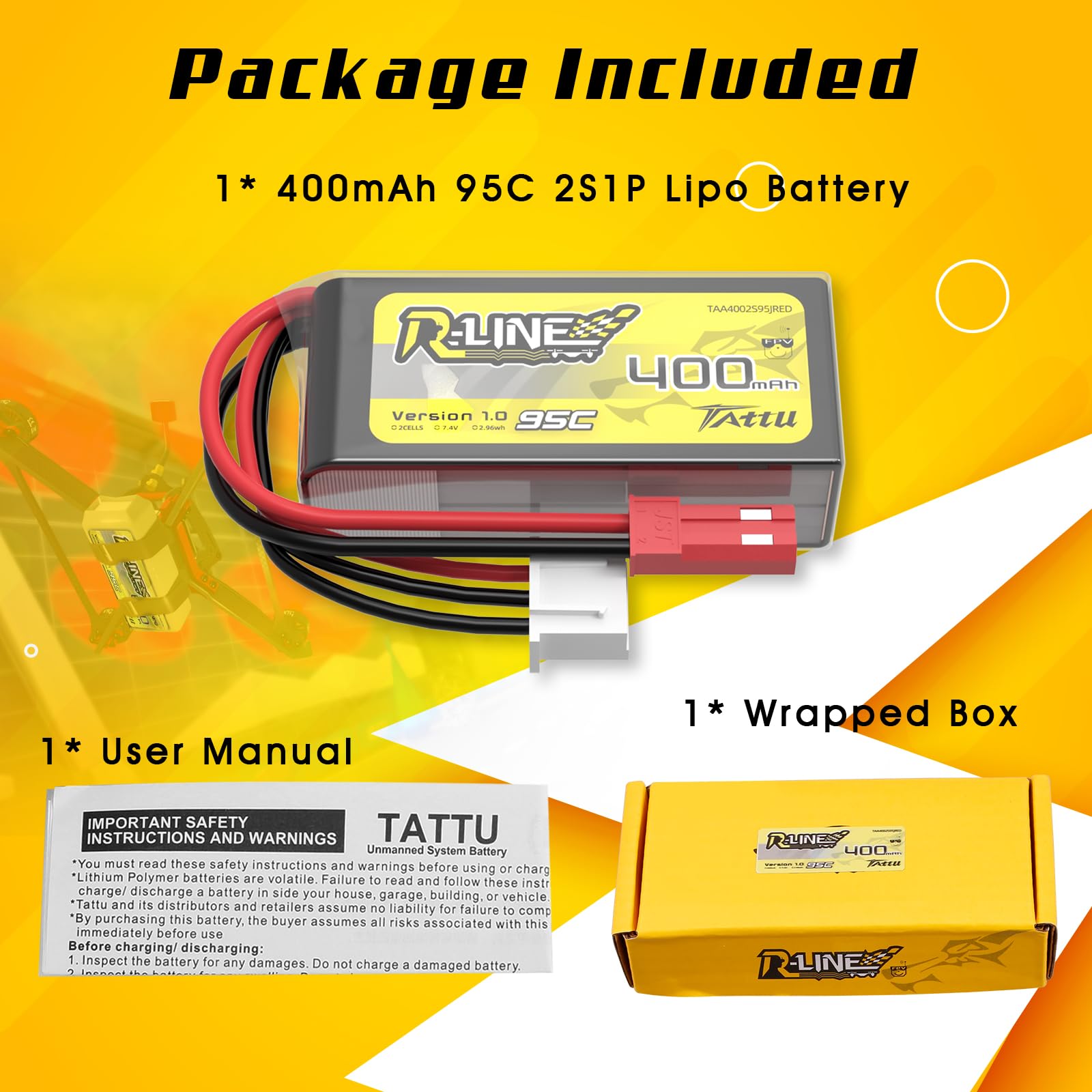 Akumulator TATTU R-Line 400 mAh 7,4 V 2S 95C LiPo JST-SYP do dronów FPV Tinywhoop