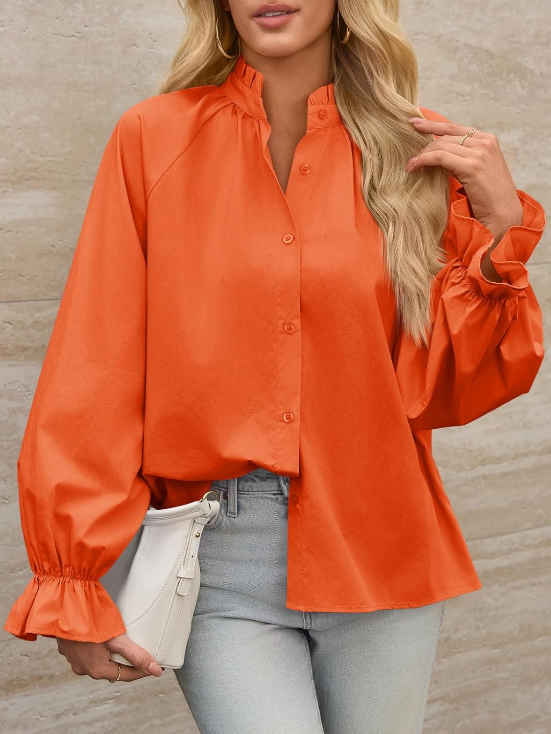 Tankaneo Womens Puff Long Sleeve Button Down Shirts Pleated V Neck Cotton Blouses Loose Fit Casual Ruffle Tops - Image 6