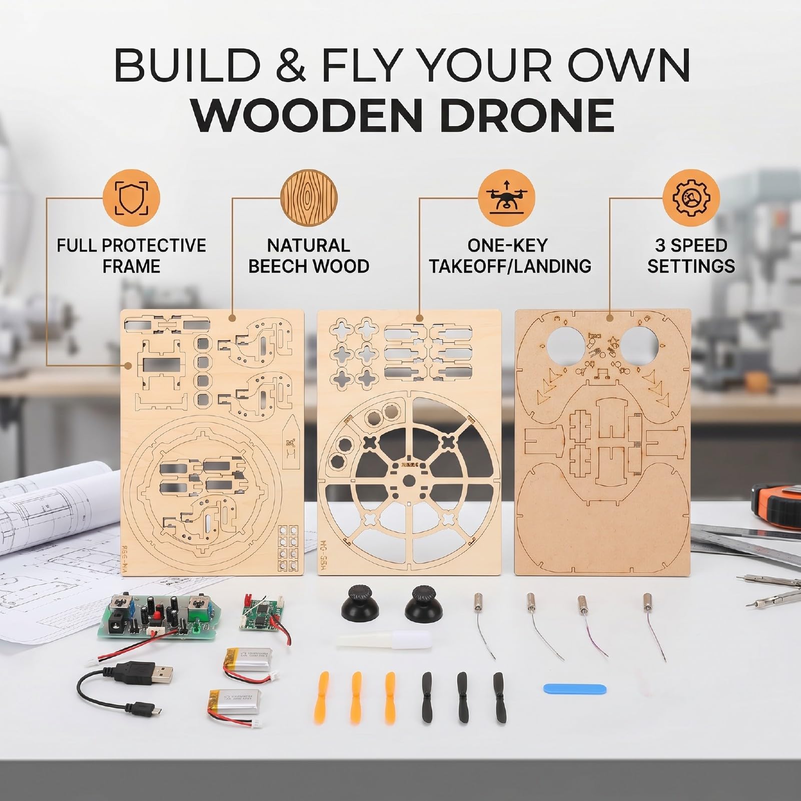 Gugxiom Kit Modello Drone in Legno Fai da Te 3D Building Blocks Quadcopter STEM RC Educativo Drone con una Chiave Decollo Arresto di Emergenza 3 Impostazioni di velocità Giocattolo