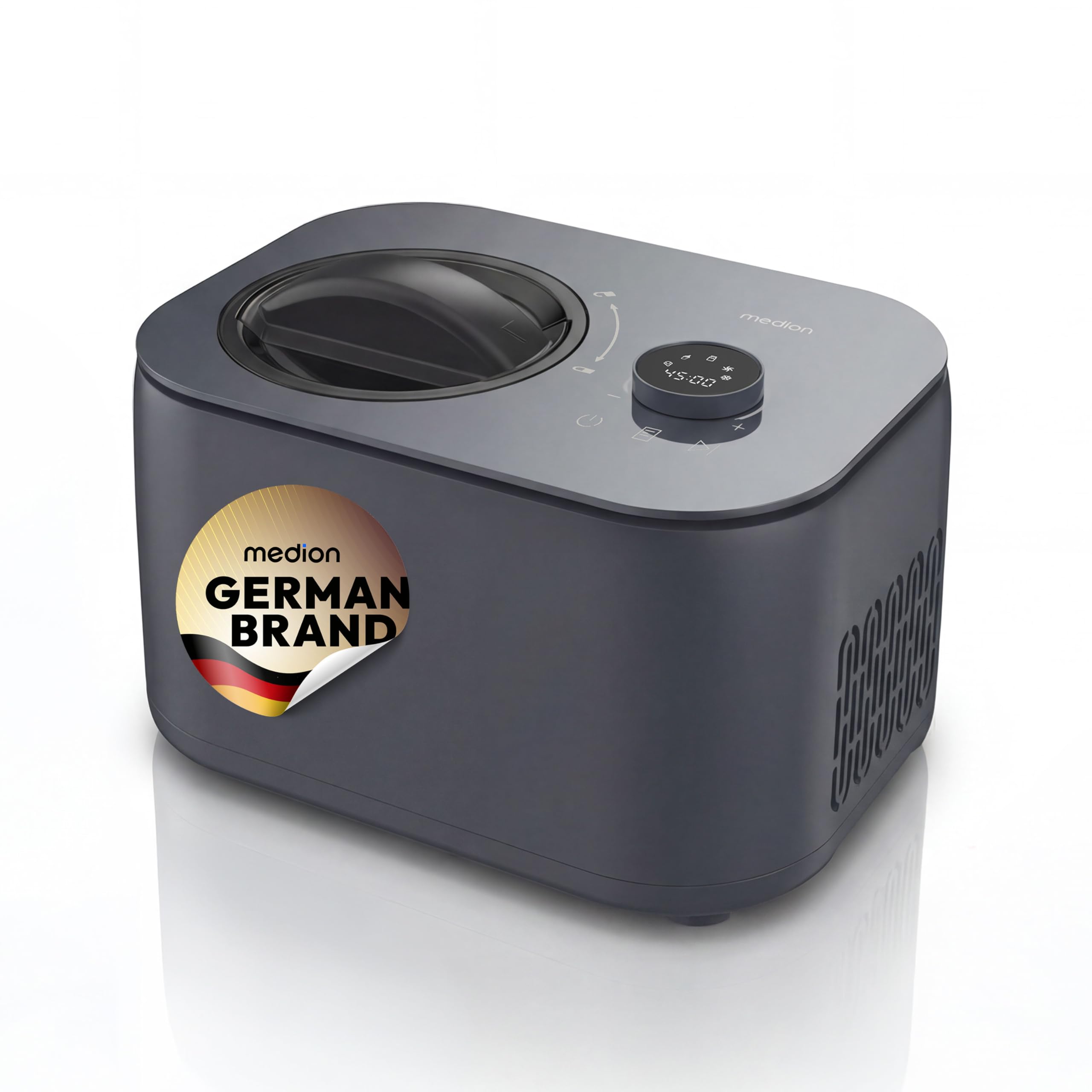 MEDION Eismaschine, Kapazität für 1 L Eis, kein Vorkühlen notwendig, LED-Display mit Sensor-Touch, entnehmbarer Aluminium-Eisbehälter, geeignet für die Zubereitung von Eiscreme, Joghurt und Slush Eis