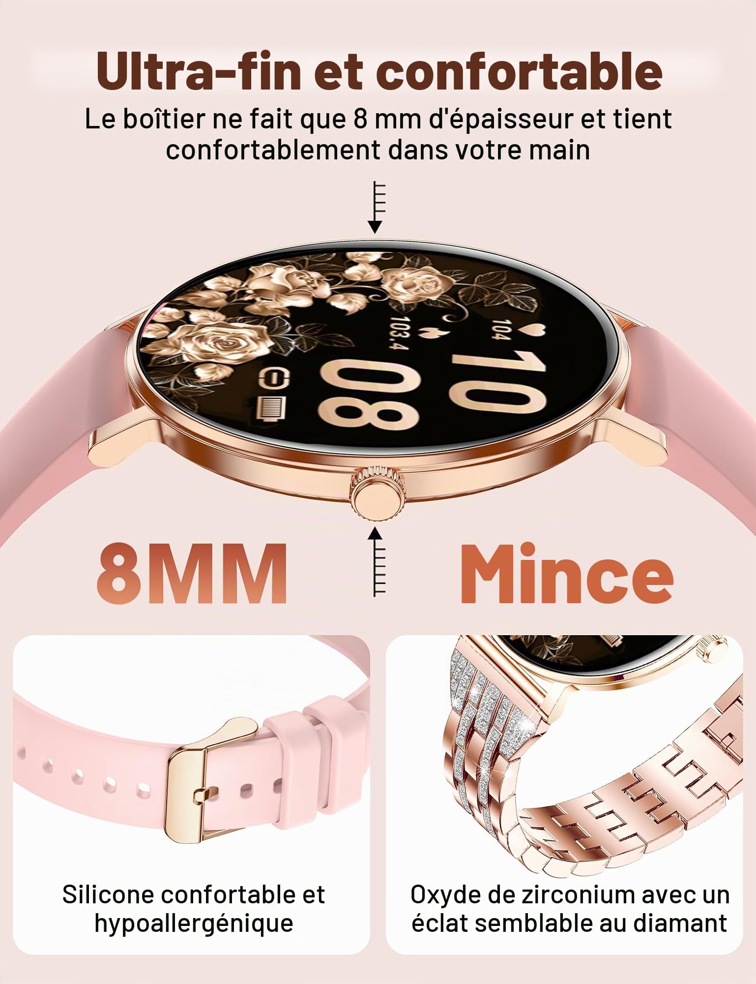 Montre Connectée Femme Ultra-fines (8mm),Écran AMOLED 1,32",Batterie 7 Jours,Suivi Santé et Sommeil,Appel BLE5.3,Assistant Vocal,Fonction Féminine,IP68 Étanche Smartwatch pour Android iOS,Or Rose
