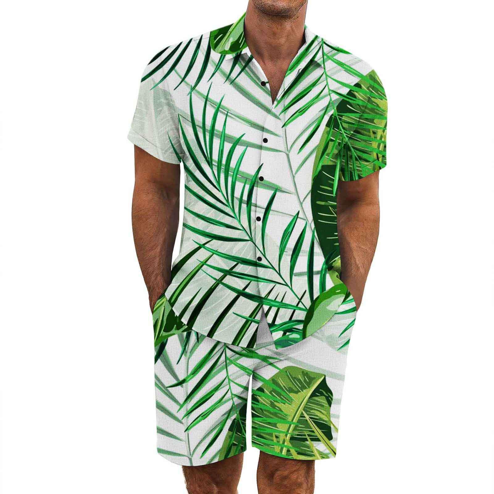Tuta Completo Uomo da Viaggio Estivo 2 Pezzi - Set Camicia e Short Hawaiano Stampa Abbigliamento Leggero Tuta Sportivo Estiva Elegante Traspirante per Vacanze e Tempo