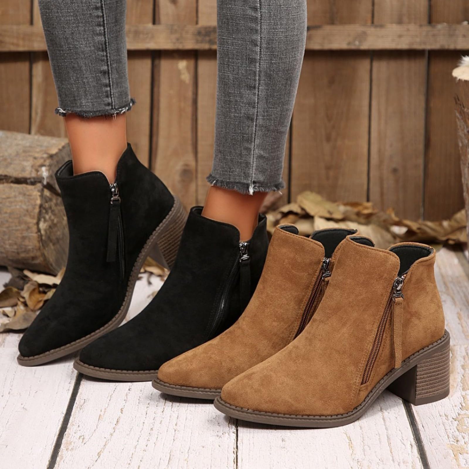 Cocila Botas De Ante con Tacón Grueso Y Punta Puntiaguda para Mujer, Tallas Grandes Europeas, Otoño/Invierno 2025, Cremallera Lateral Agua Mujer Altas Invierno Piel Cowboy Beige Botines